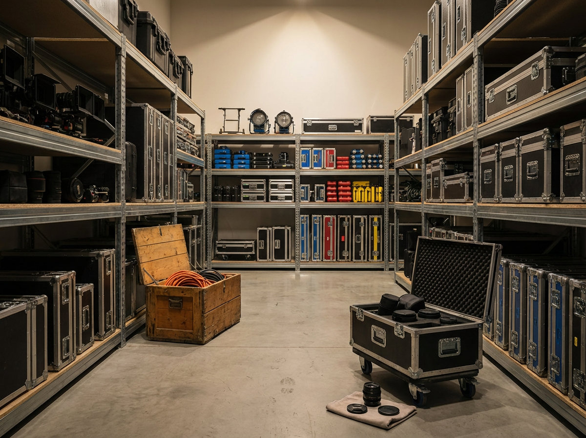 A storage room with metal shelving filled with equipment cases and boxes, some containing lighting and audio gear. In the center, an open wooden box with extension cords, and a rolling case with lenses and filters nearby.