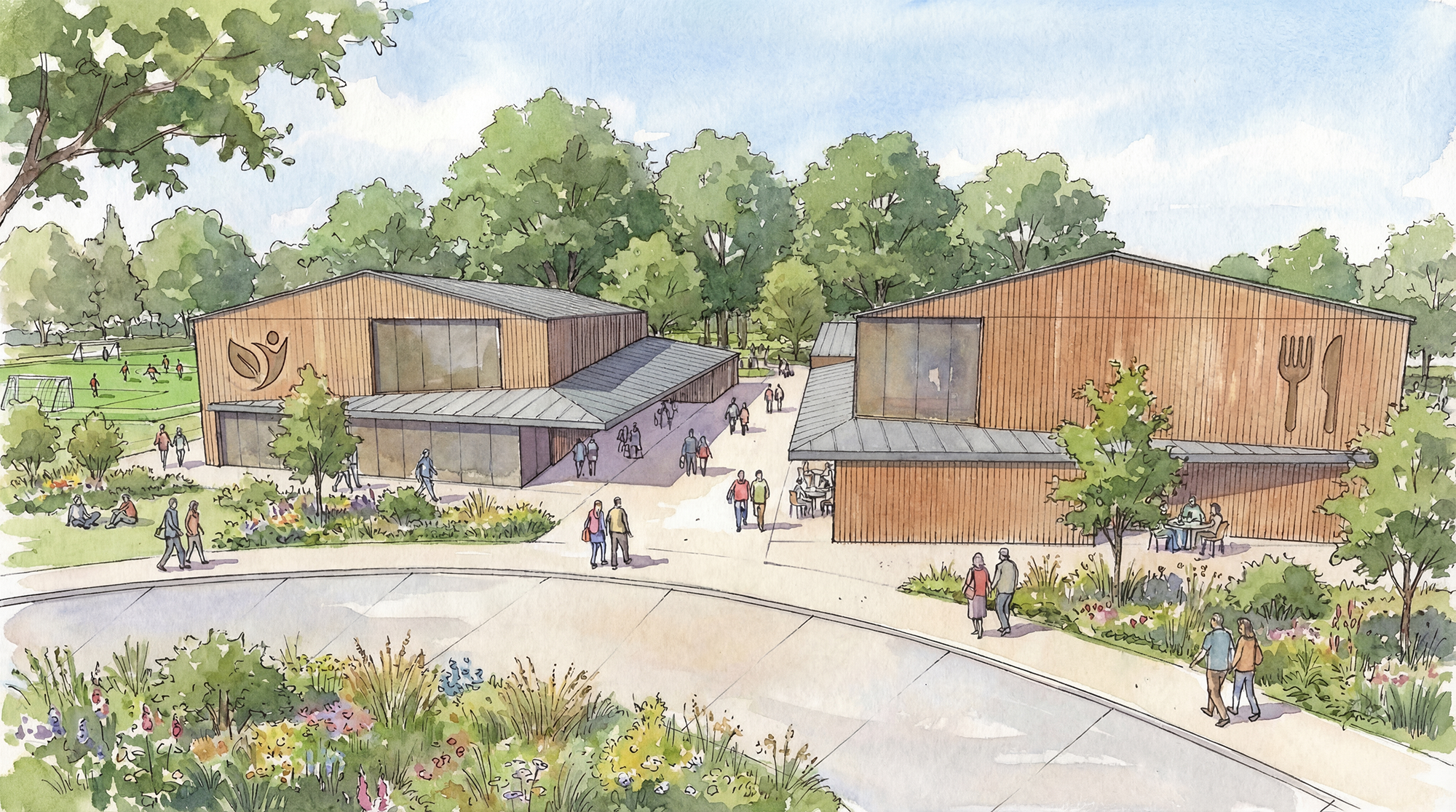 Watercolor illustration of a community park with two modern wooden buildings, green trees, a walk path, and people walking, sitting, and playing soccer.