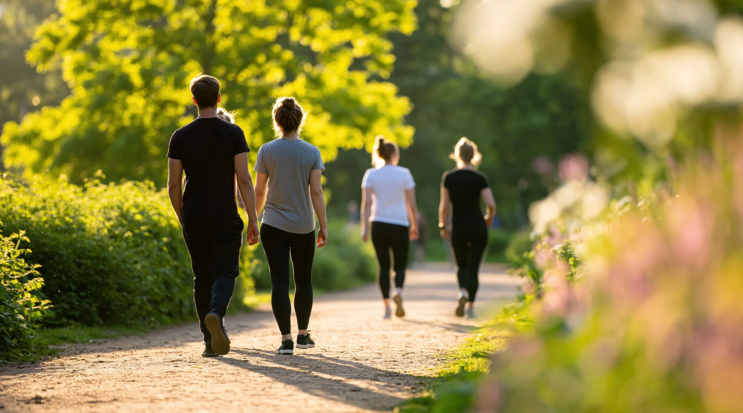 Group of people walking on a dirt path in a park with green trees and sunlight.