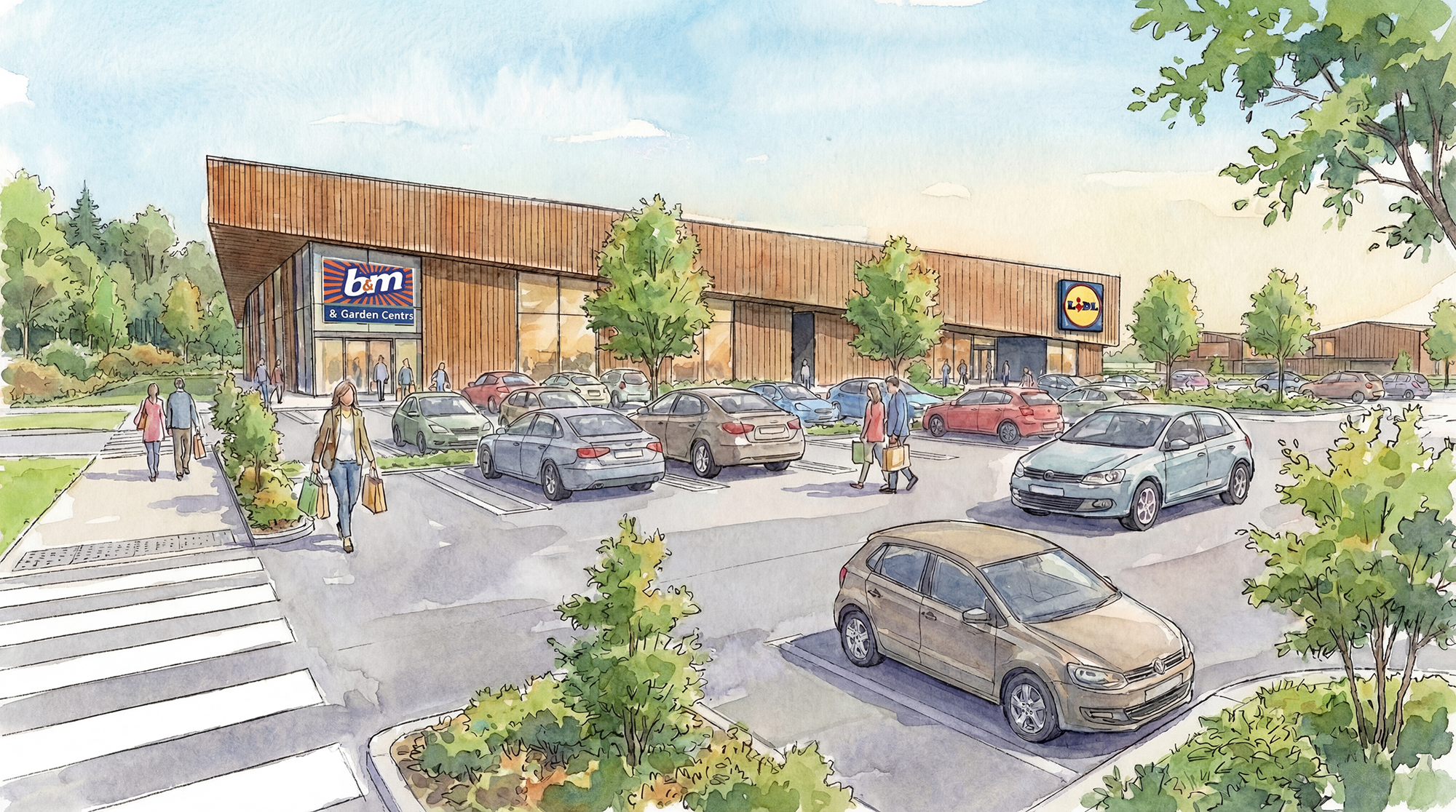 Watercolor illustration of a shopping plaza parking lot with cars, pedestrians, trees, and storefronts for B&M and Lidl.