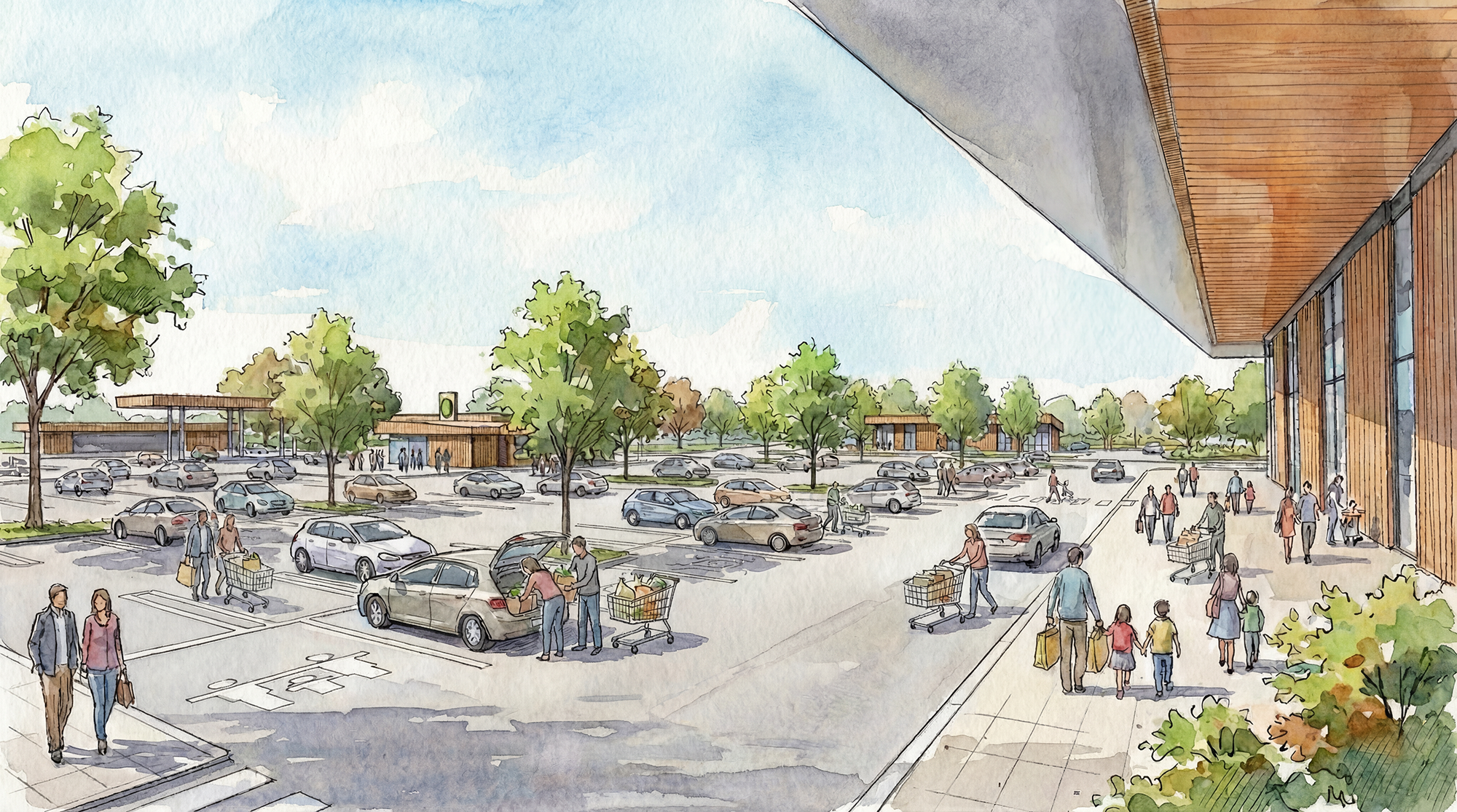 A watercolor illustration of a busy shopping center parking lot with many cars parked, people pushing shopping carts, and walking towards stores. There are trees and a modern building with wooden paneling on the right side and smaller shops in the background under a partly cloudy sky.