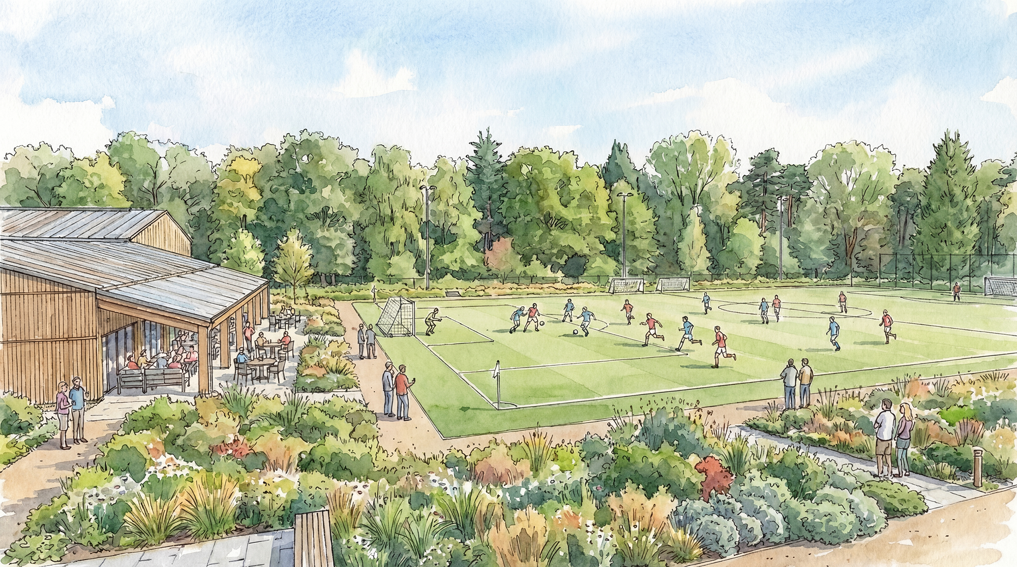 A watercolor painting of a lively outdoor sports field surrounded by trees, with children playing soccer, spectators watching, and a wooden building with outdoor seating.