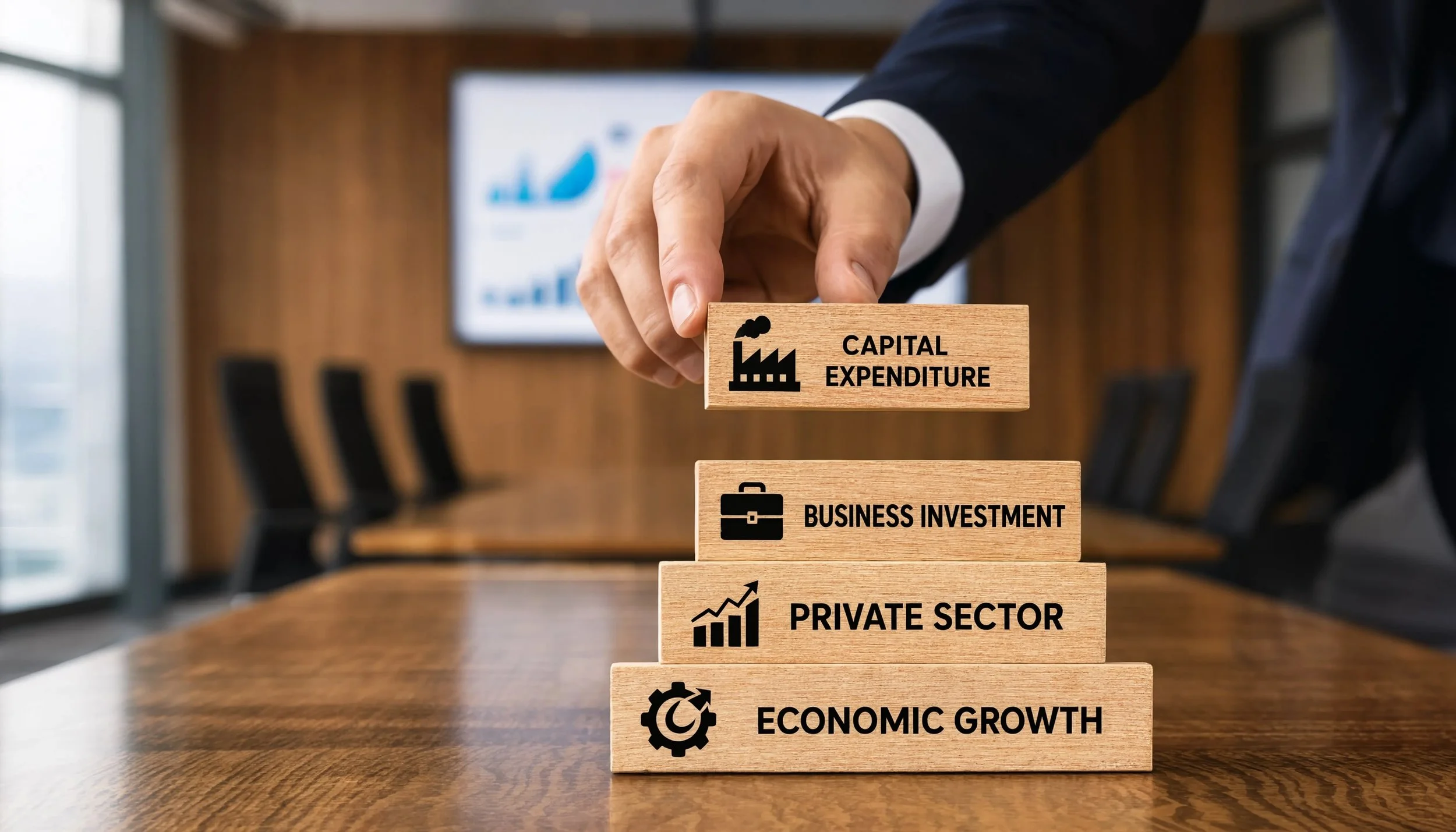 A hand stacking wooden blocks labeled with business and economic terms, including 'Capital Expenditure', 'Business Investment', 'Private Sector', and 'Economic Growth', in a conference room setting.
