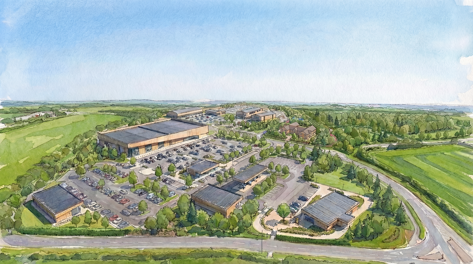A watercolor illustration of a suburban commercial area surrounded by green trees and open fields, with a large parking lot and various buildings under a clear blue sky.