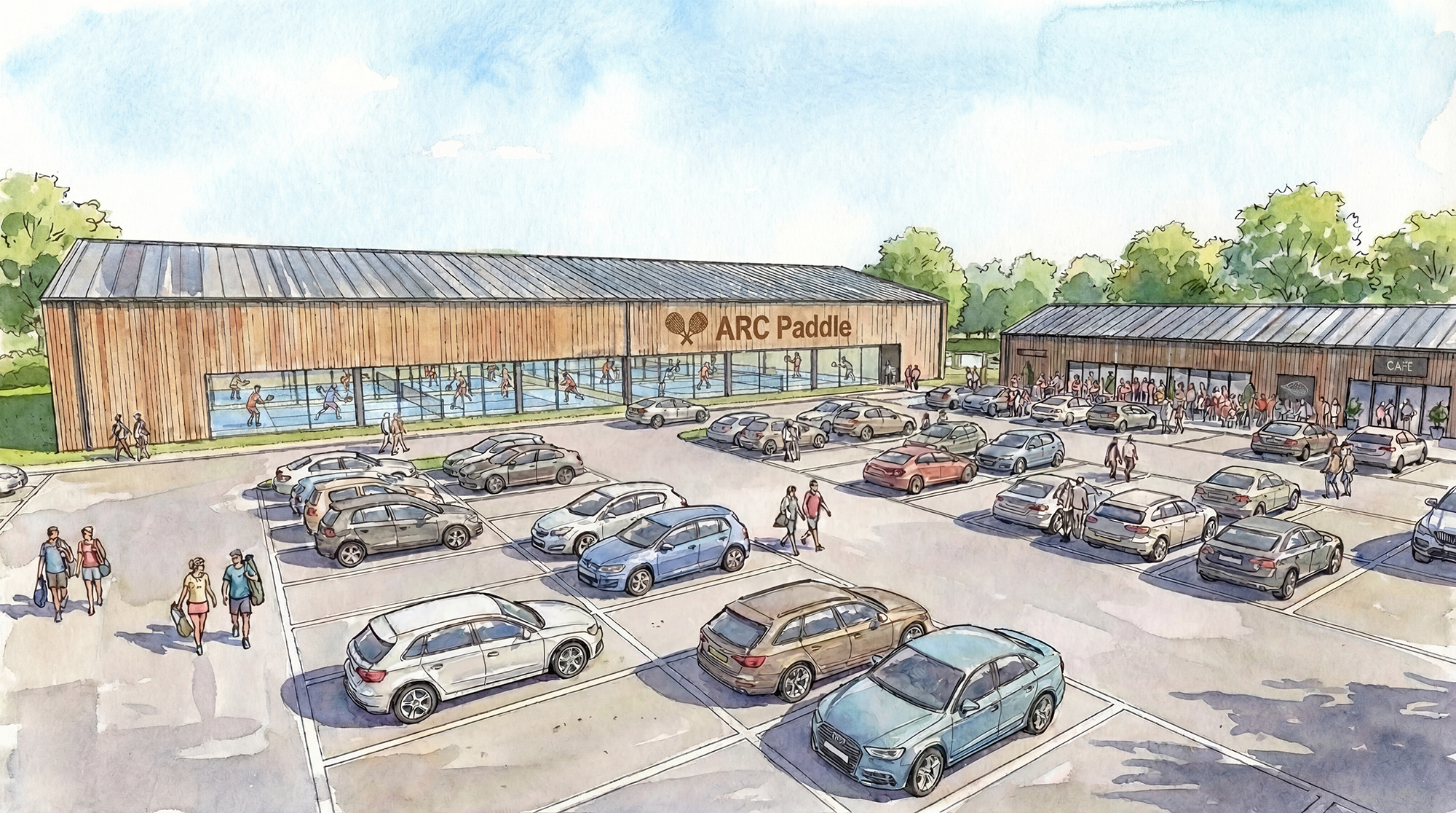 A watercolor illustration of a parking lot in front of a building labeled 'ARC Paddle,' with people walking and cars parked, and a large window showing an indoor paddle court.