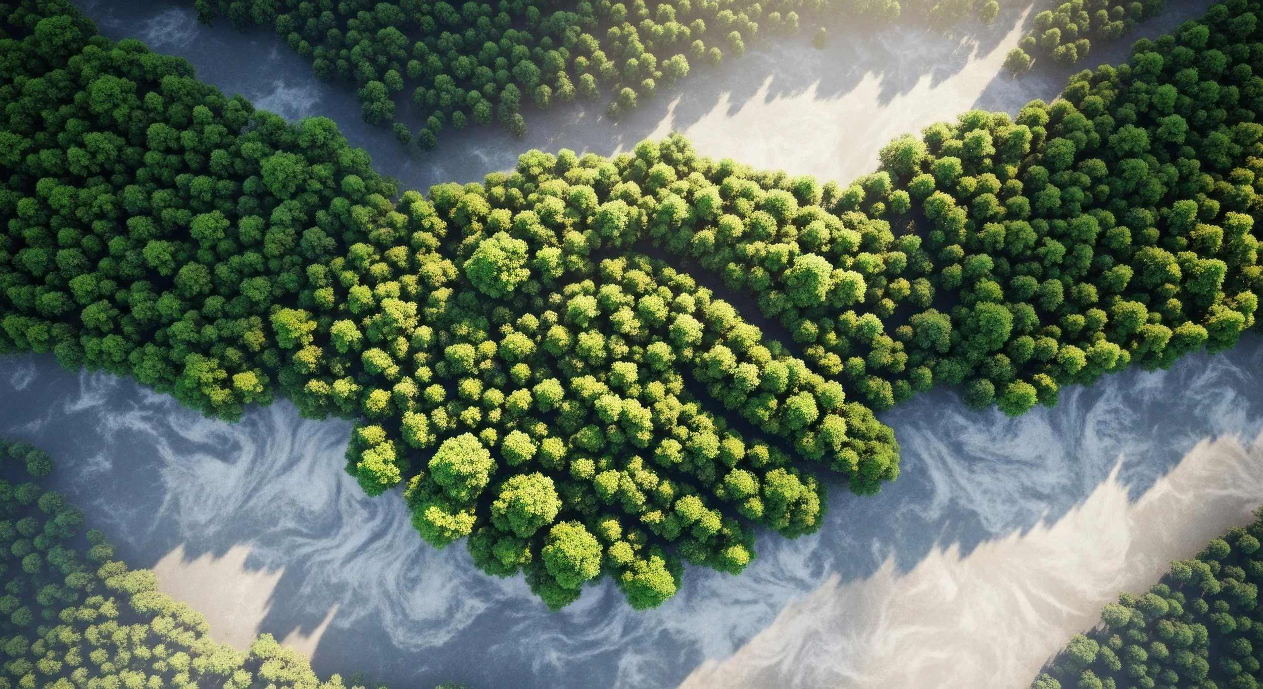 Aerial view of a dense green forest with a river flowing through the landscape.