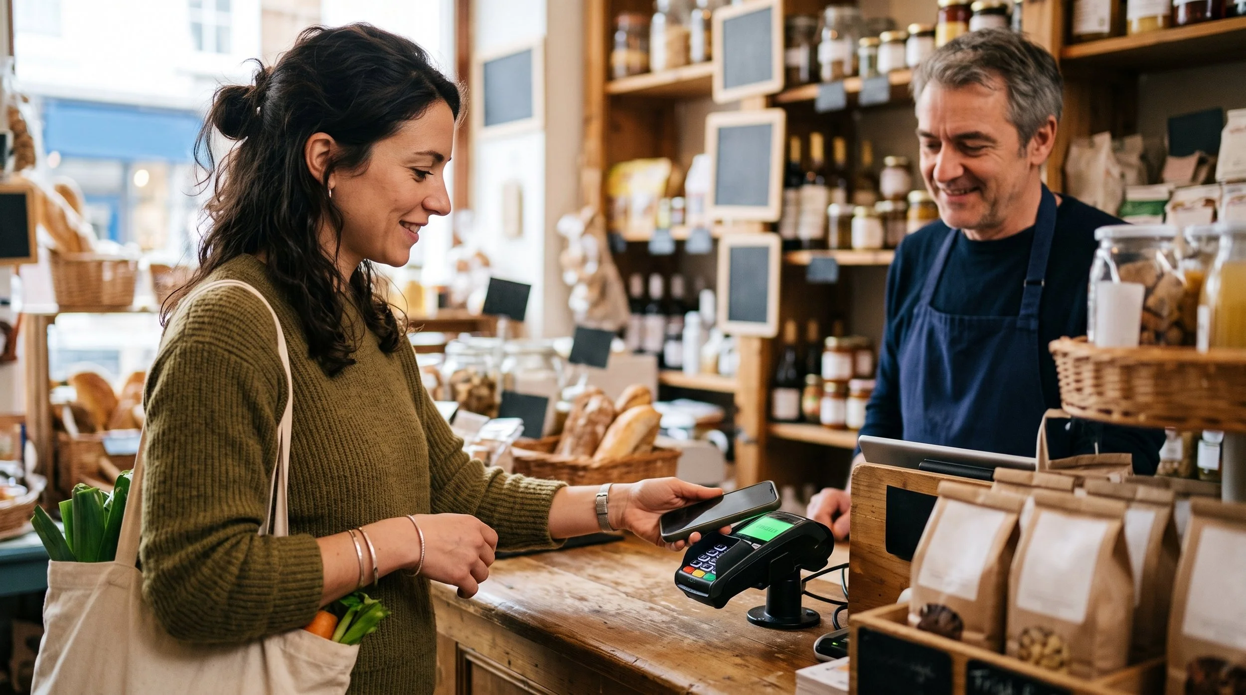 A woman shopping at a grocery store checkout counter, using her smartphone to pay with a card reader present, while a store employee smiling behind the counter.