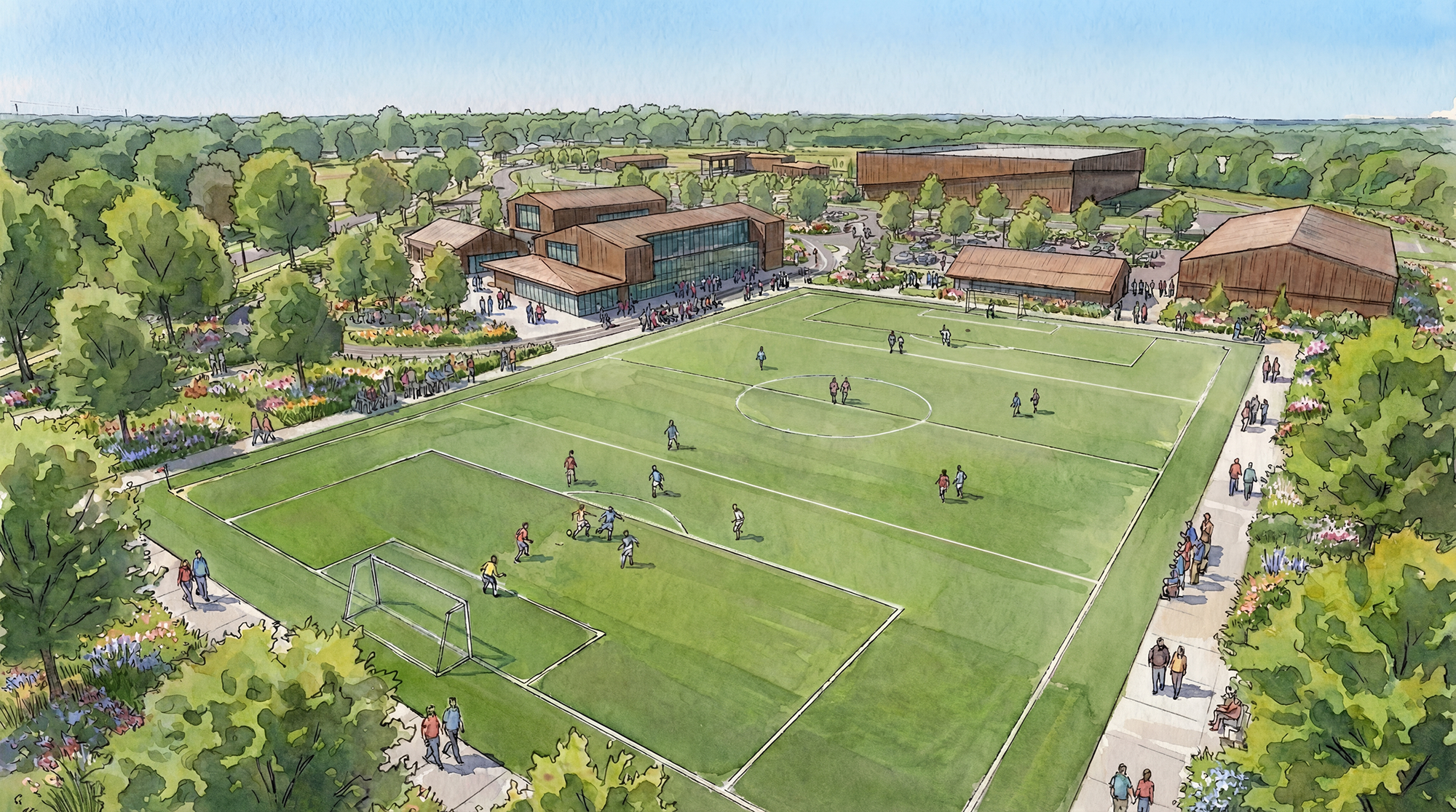 A digital illustration of a sports complex with a soccer field, surrounding trees, landscaped gardens, and buildings, with people walking and playing.