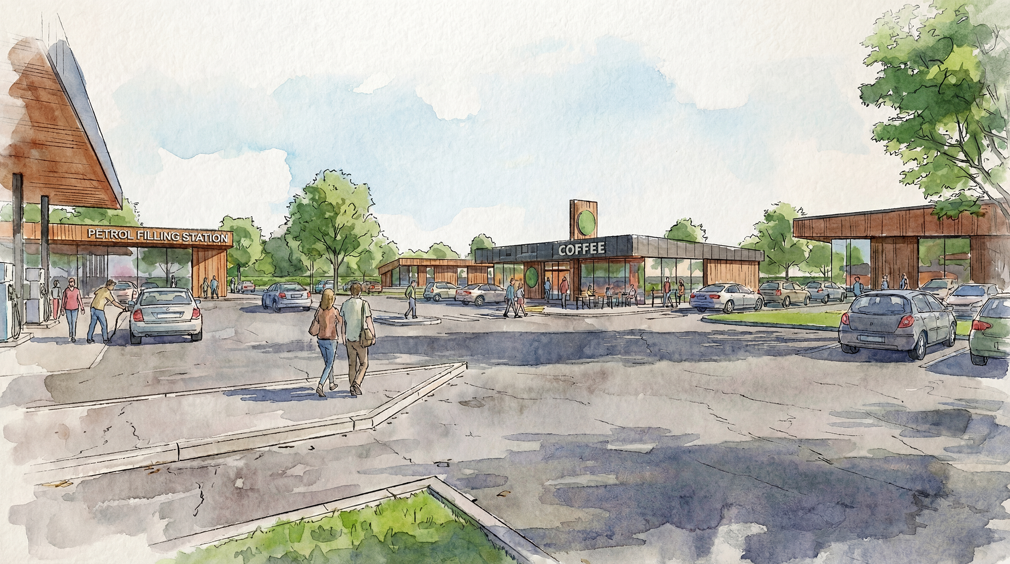 Watercolor illustration of a modern gas station with a petrol filling station, a coffee shop, and parking lot with cars and people walking.