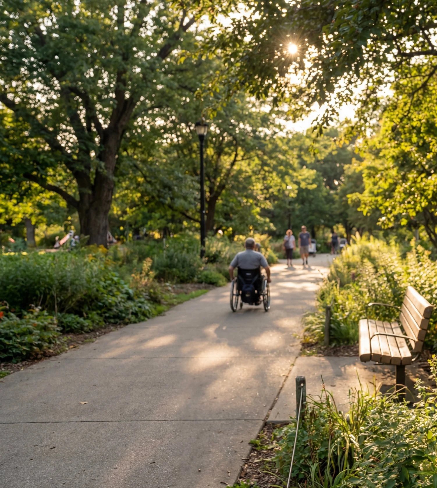 A park scene with a man in a wheelchair on a paved pathway, surrounded by green trees and bushes. The sun is shining through the trees, and a few other people are walking in the background. There are benches along the pathway.