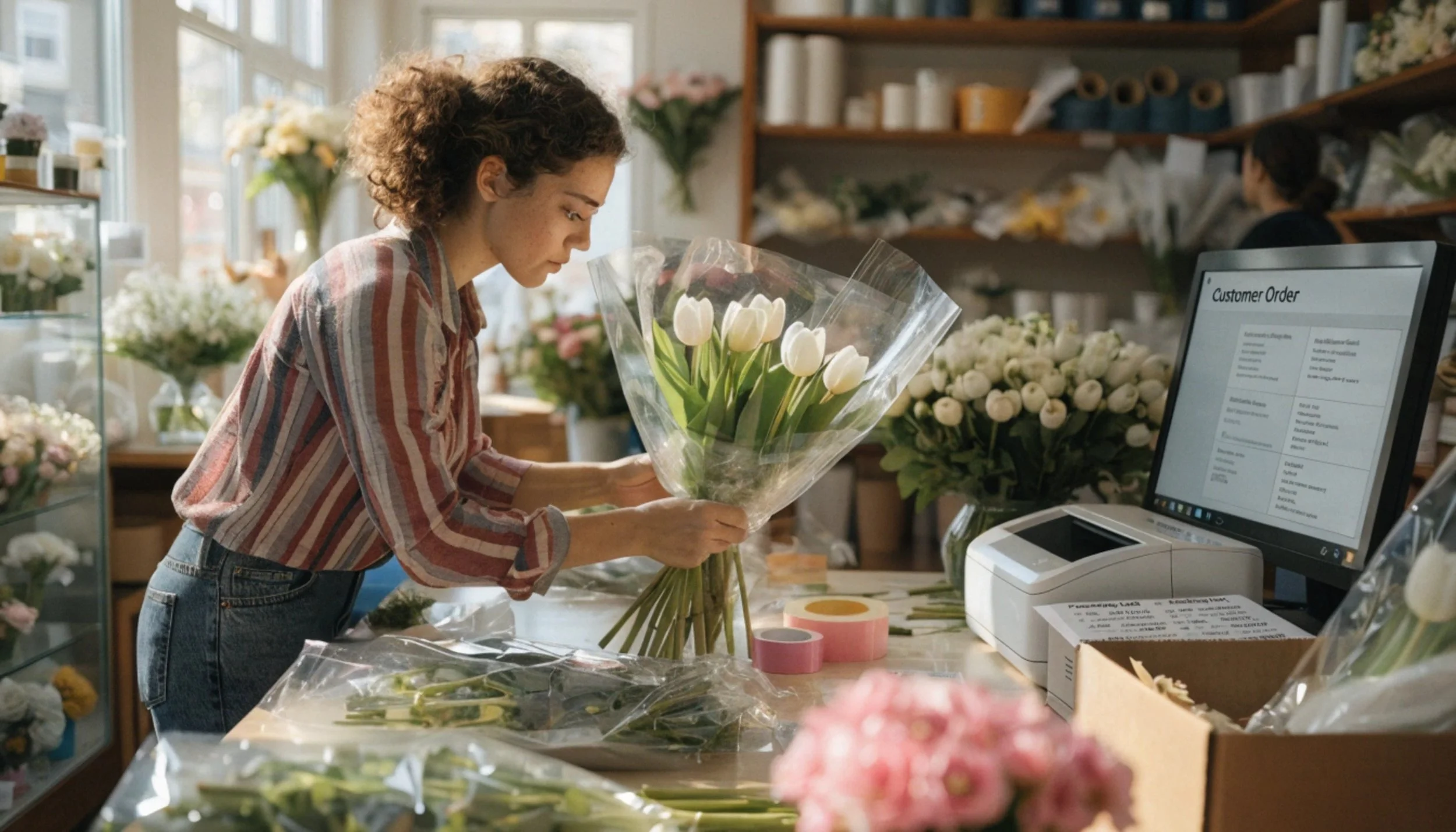 A woman working in a flower shop, handling a bouquet of white tulips wrapped in plastic, with floral supplies and a customer order screen nearby.