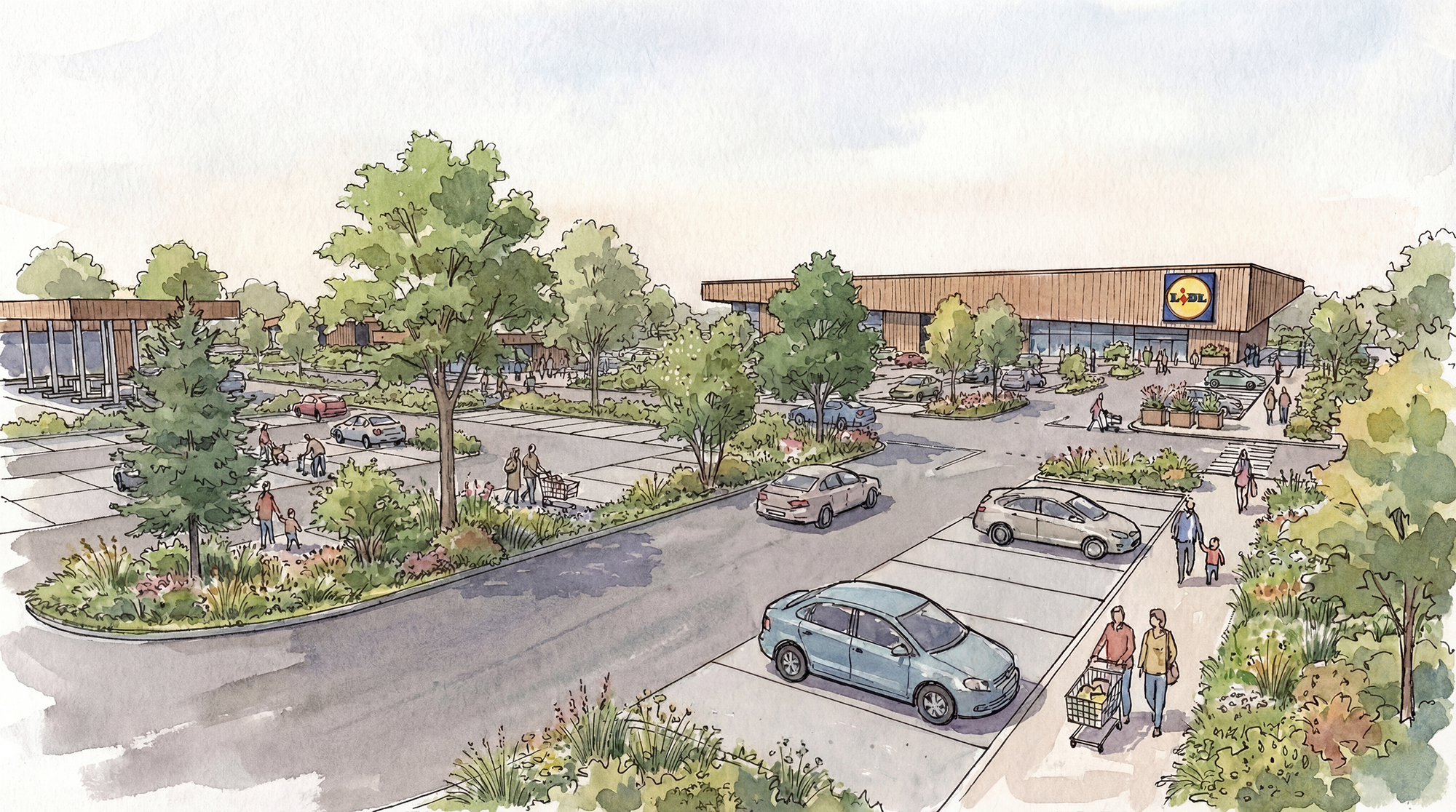 A watercolor illustration of a shopping center parking lot with trees, cars, people walking, and a Lidl store in the background.