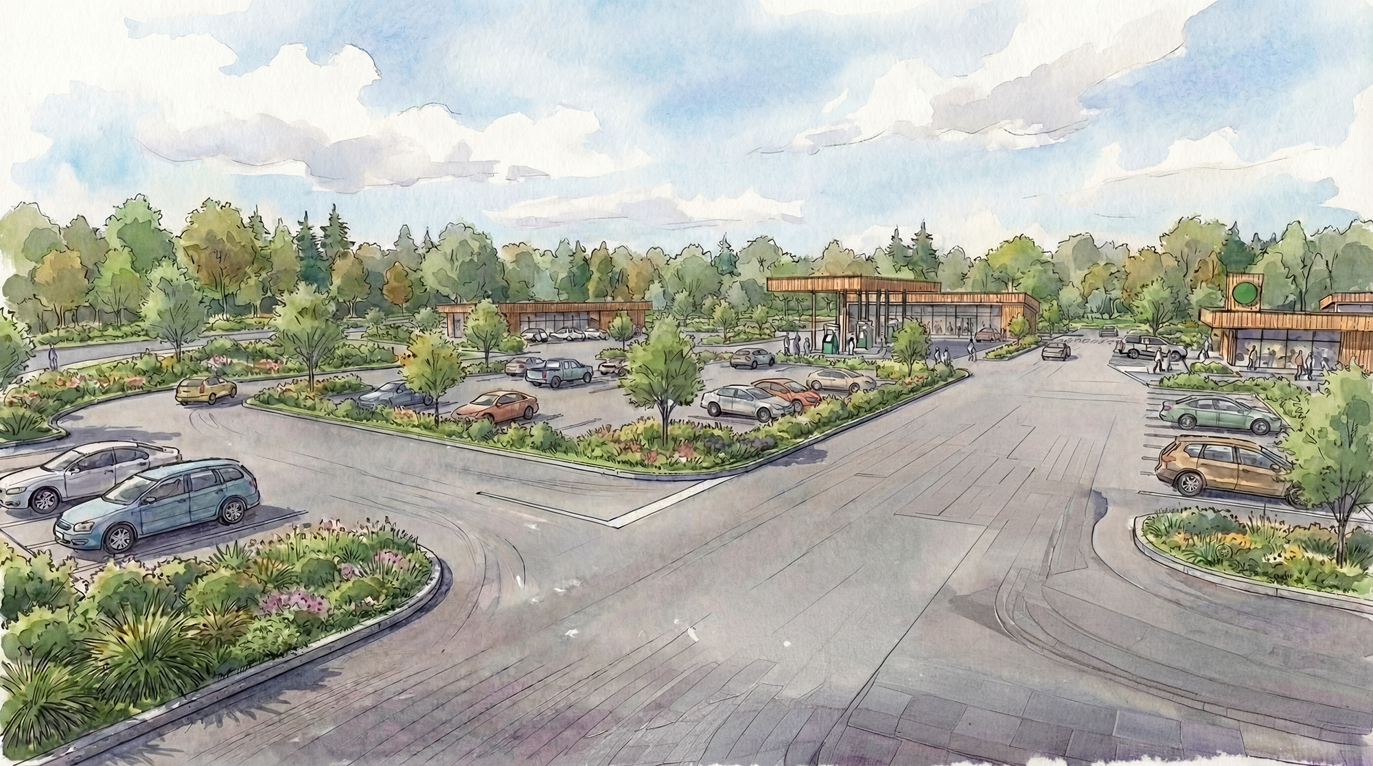 A watercolor illustration of a parking lot surrounded by trees and greenery, with modern buildings and a gas station in the background under a partly cloudy sky.