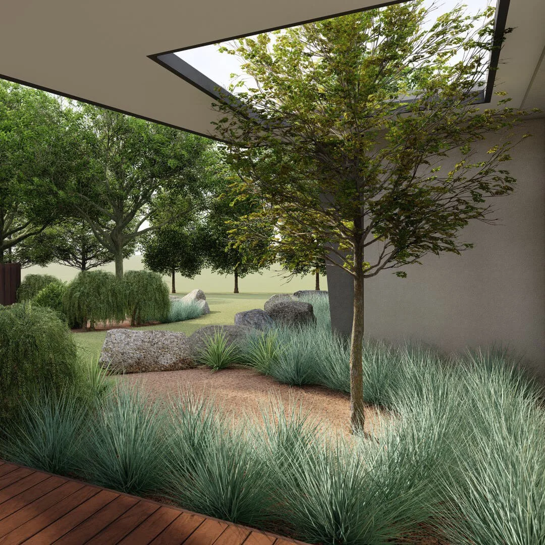A render image of a garden bed under roof, where there is an opening act as sky window to allow the tree grow through the opening.