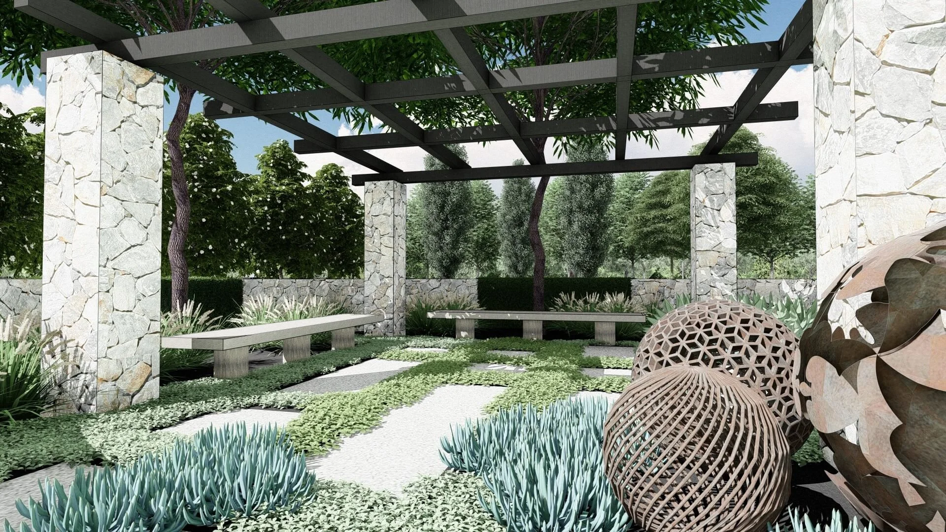 A render image of a pergola, with masonry stone columns and timber roof beams, which the pergola is decorated with ground covers and sculptures.