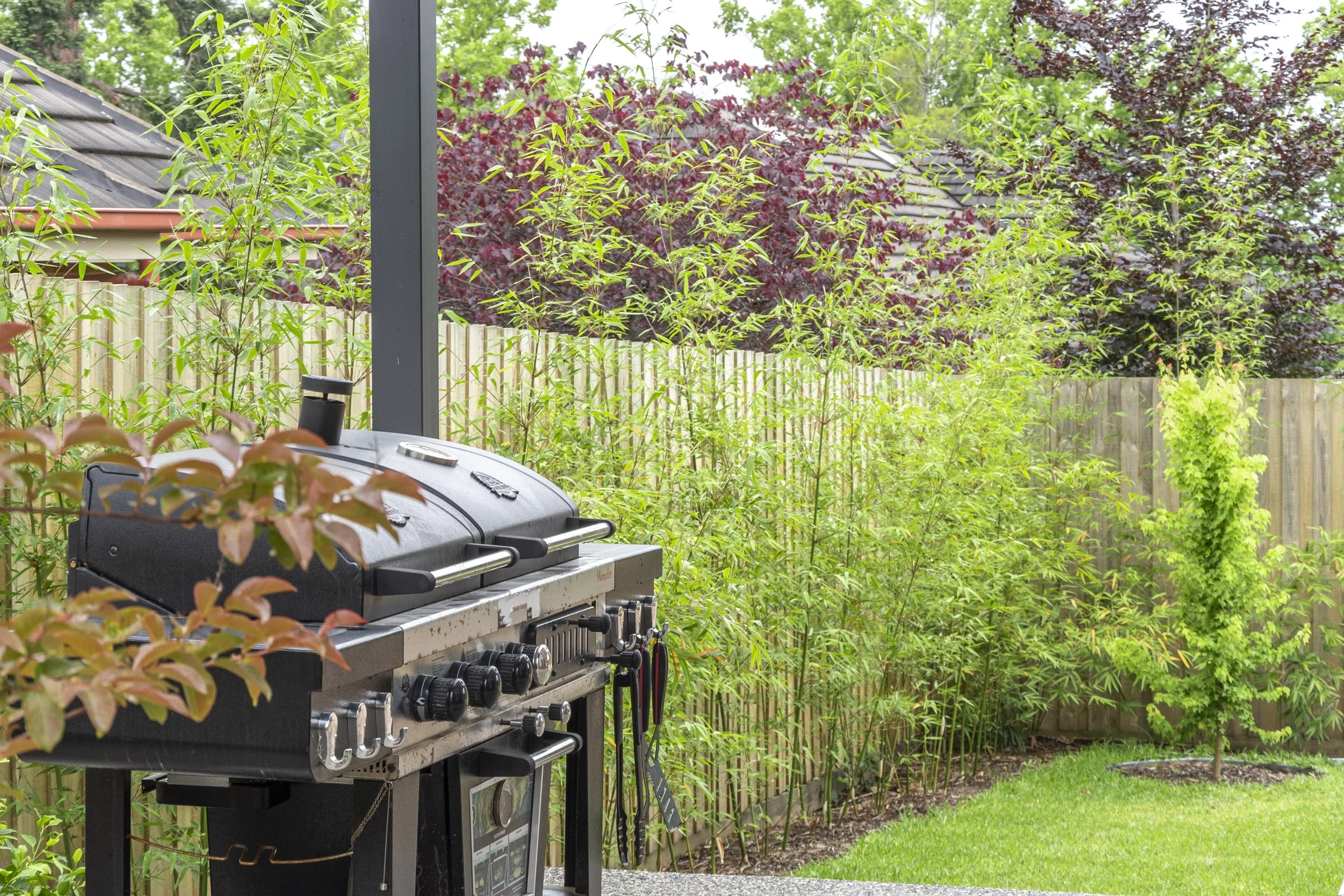 The bbq area is able to view the backyard greenery, allowing people to enjoy the view while having bbq fun.