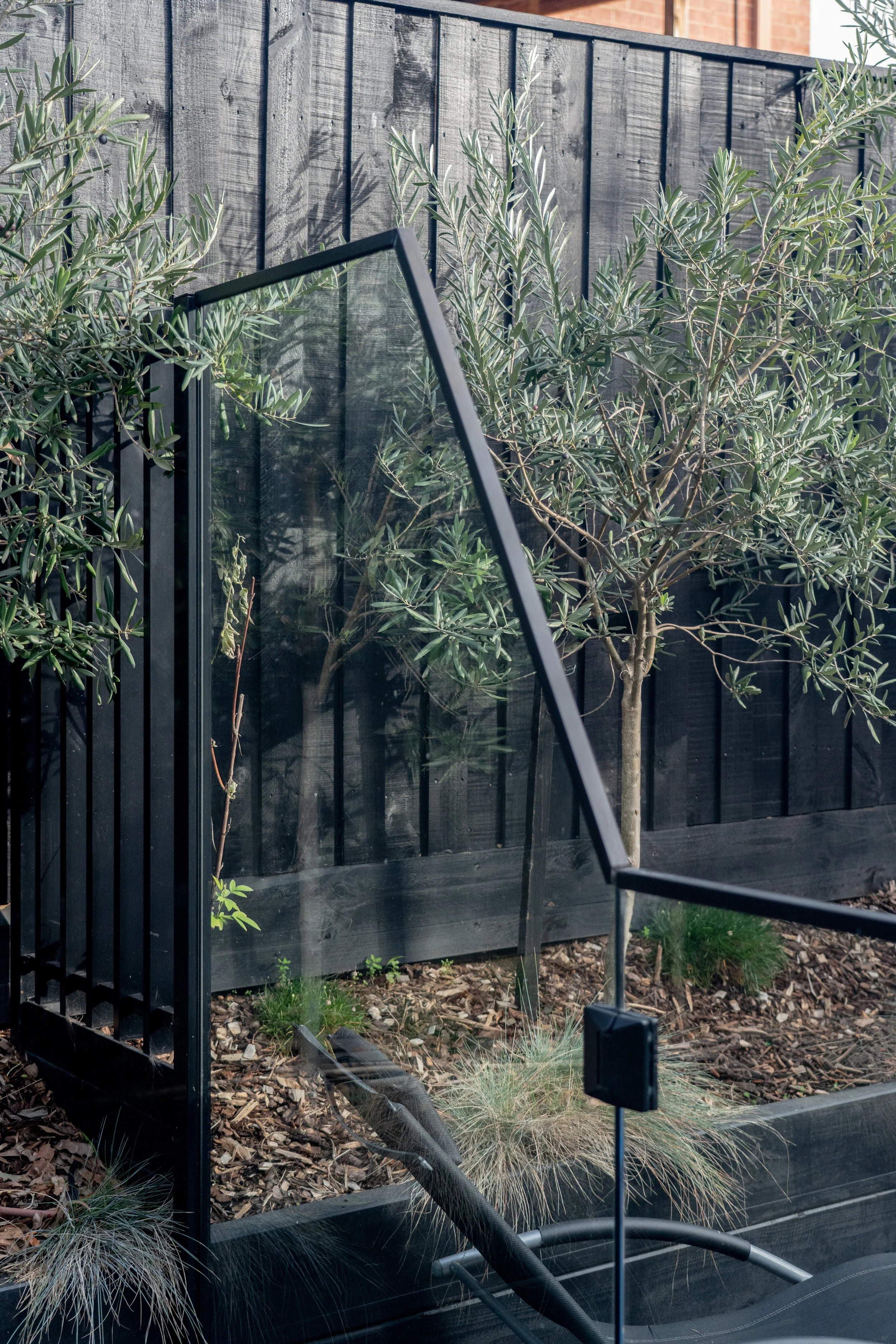 View of a small urban garden with olive trees, a black wooden fence, and a garden path, seen through a solar or security panel.