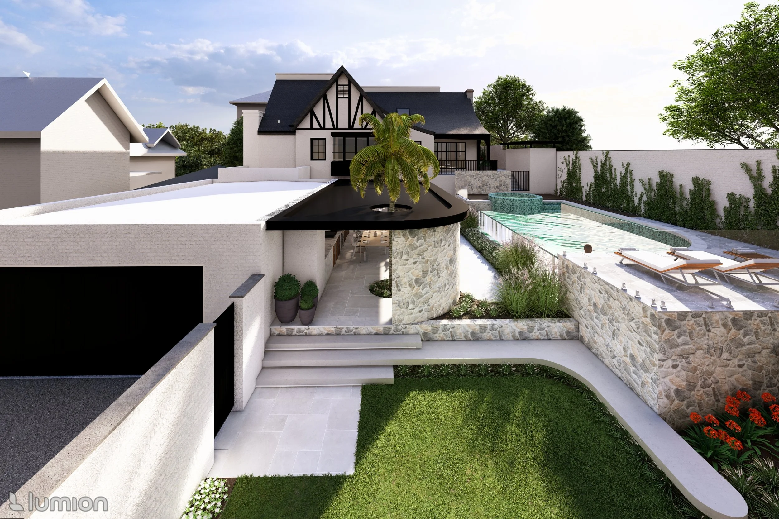 A rendered image showing an overview of a large garden project, with lawn, pergola and swimming pool, illustrating a luxury garden look.