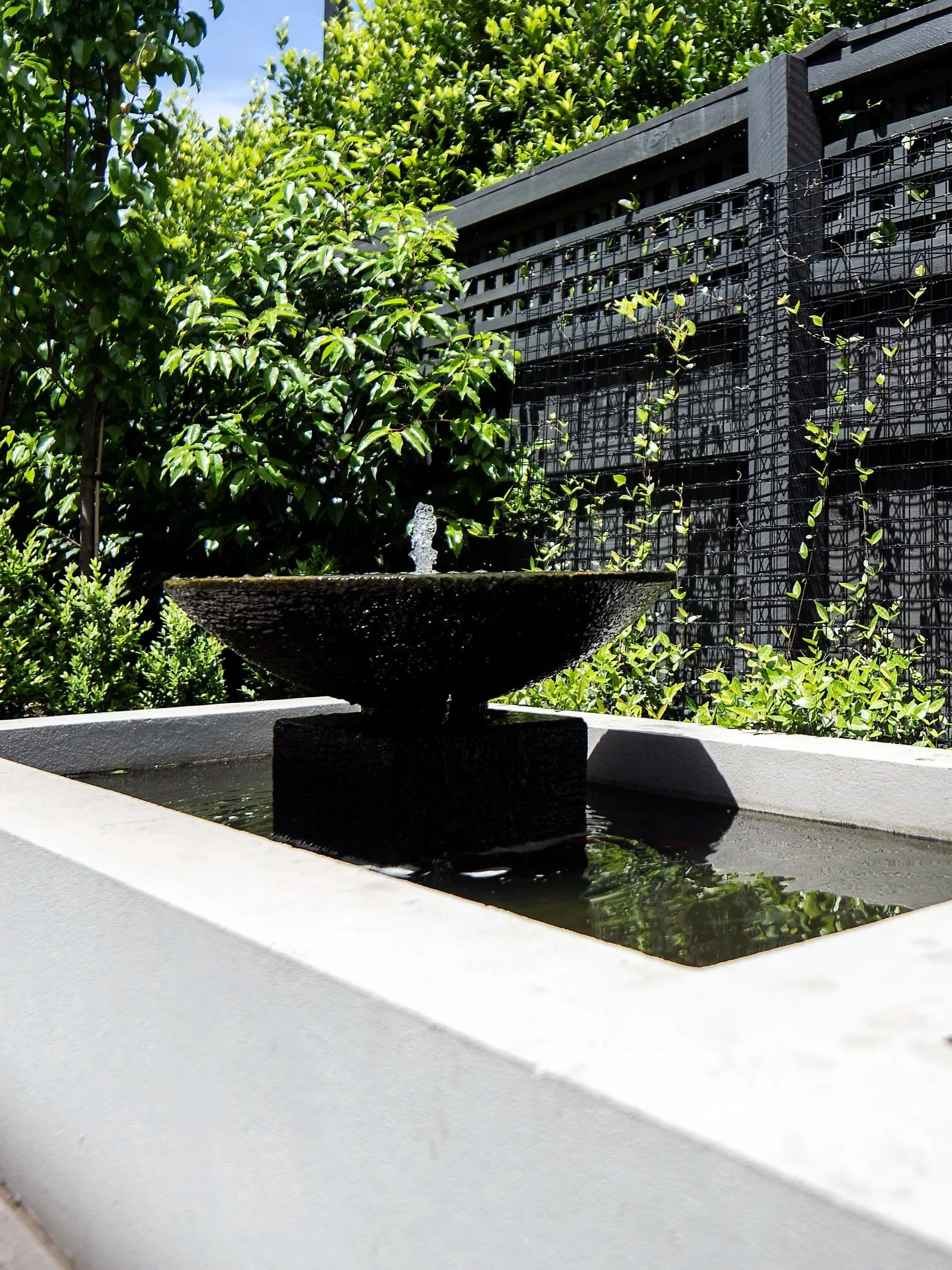 A bowl shaped water fountain feature with consistent water flow, in front of the metal mesh for climbers clipped on the darck charcoal boundary fence.