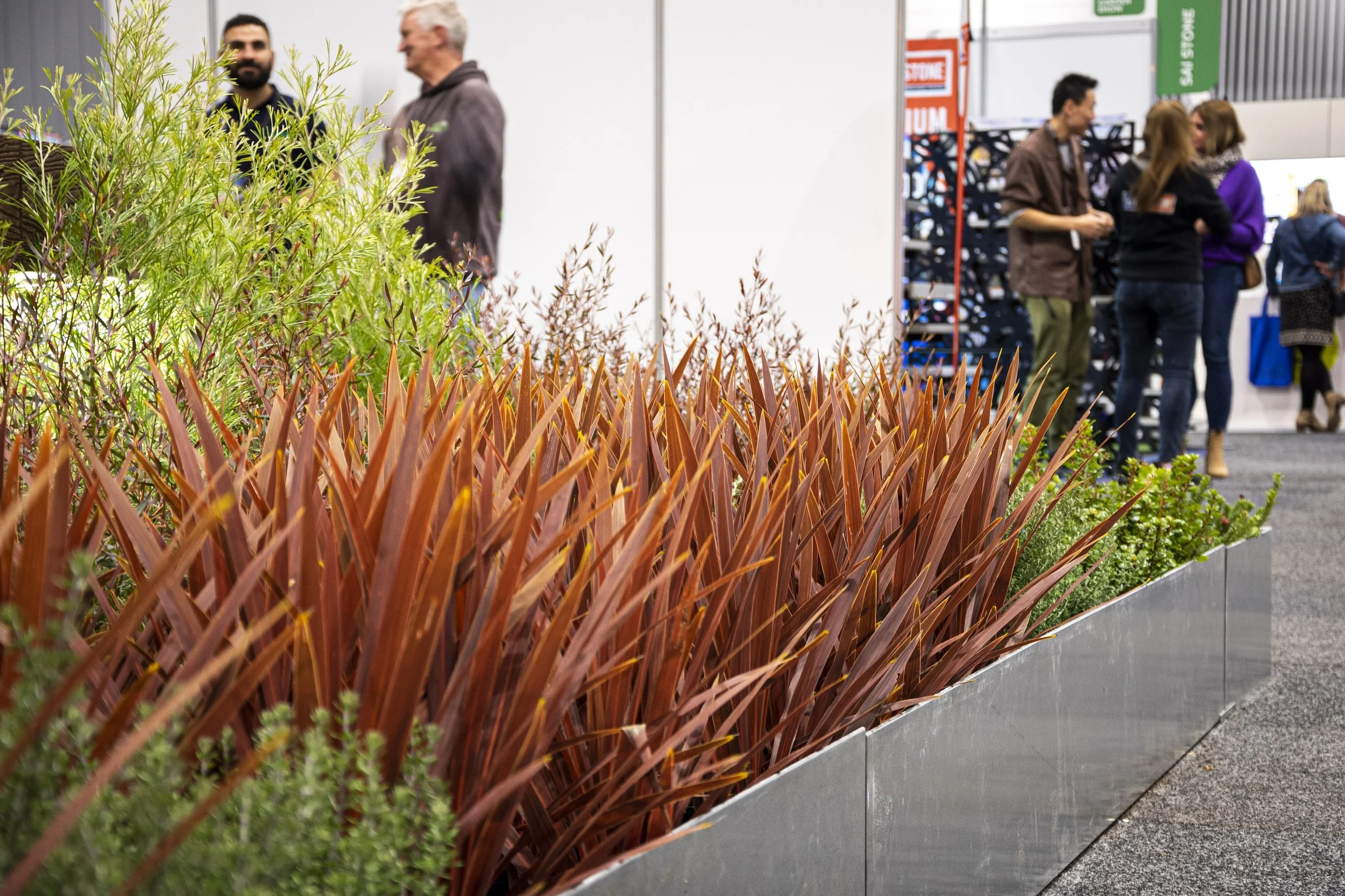 A display of various green and reddish plants in a row at an indoor trade show or exhibition, with people in the background engaging in conversations.