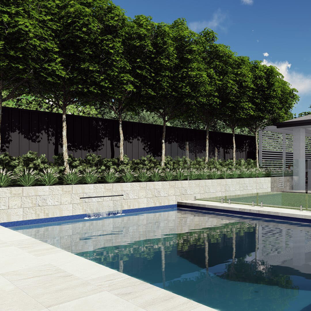 A render image showing a garden design with pool and boundary plantations, skylight and greenery are reflected gently on water surface.