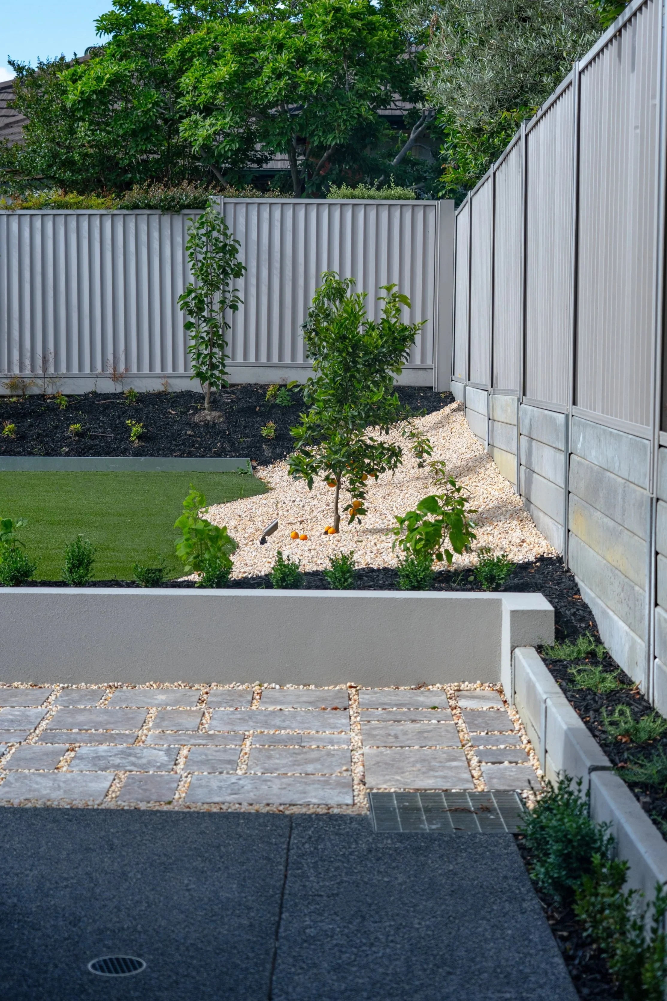 View of the back garden from th sidewalk, seeing the back travertine paved walkway and leveled lawn with boundary planted trailing rosemary.