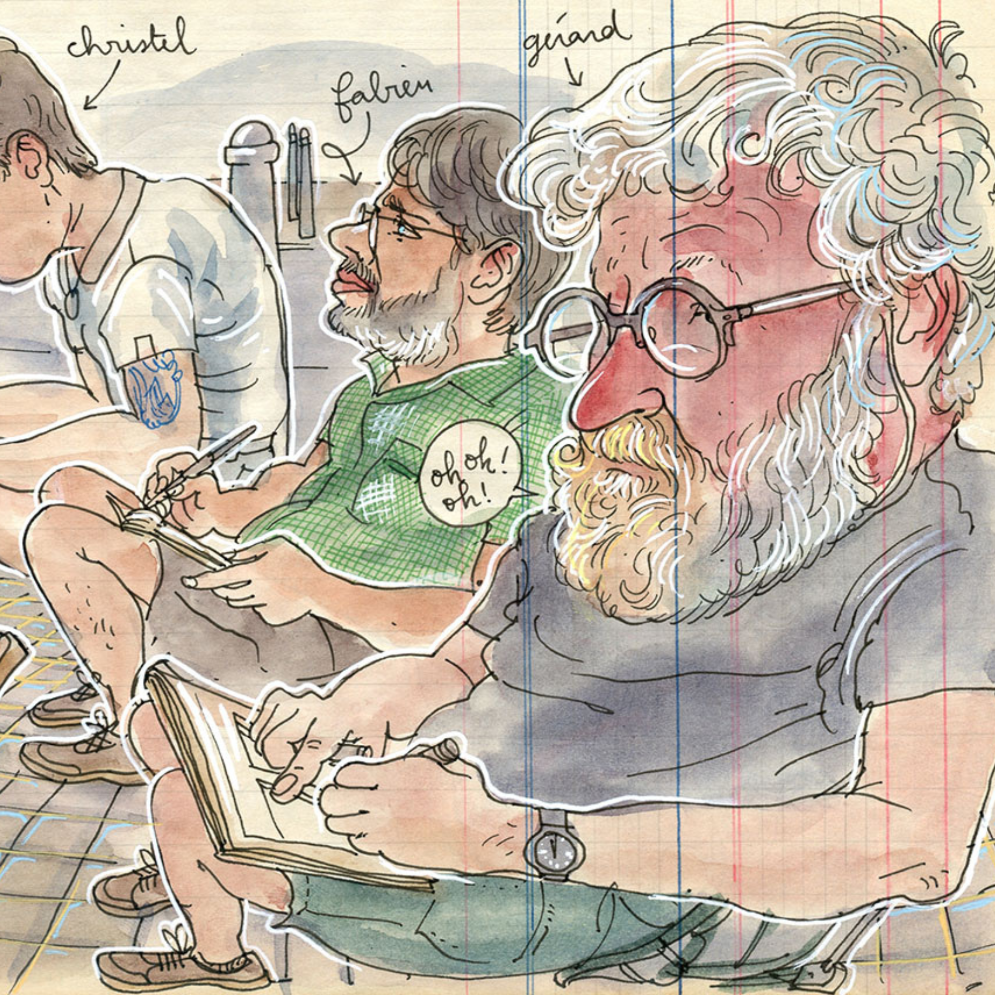 A sketch of a man with curly hair and glasses reading a book, with another man taking notes in the background, in front of a kitchen scene with a sink and kitchen utensils.