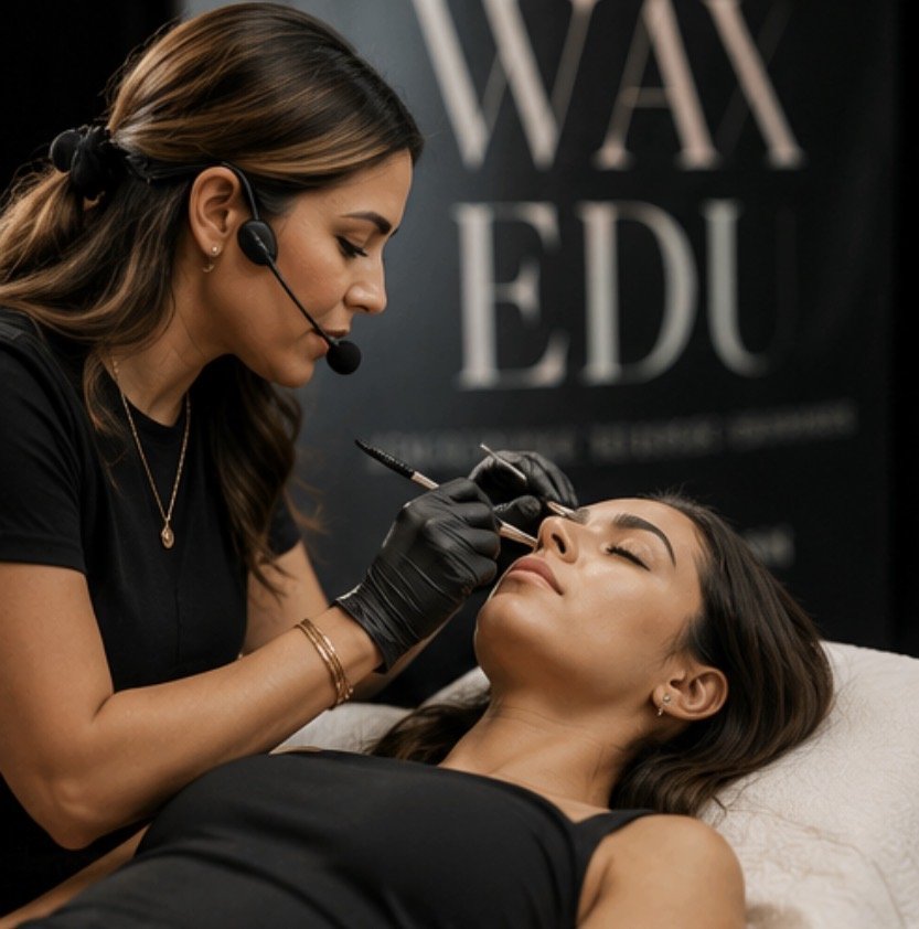 Live brow shaping and brow mapping demonstration by an educator at WAX EDU, a waxing conference for estheticians, cosmetologists, and beauty professionals in Orlando.