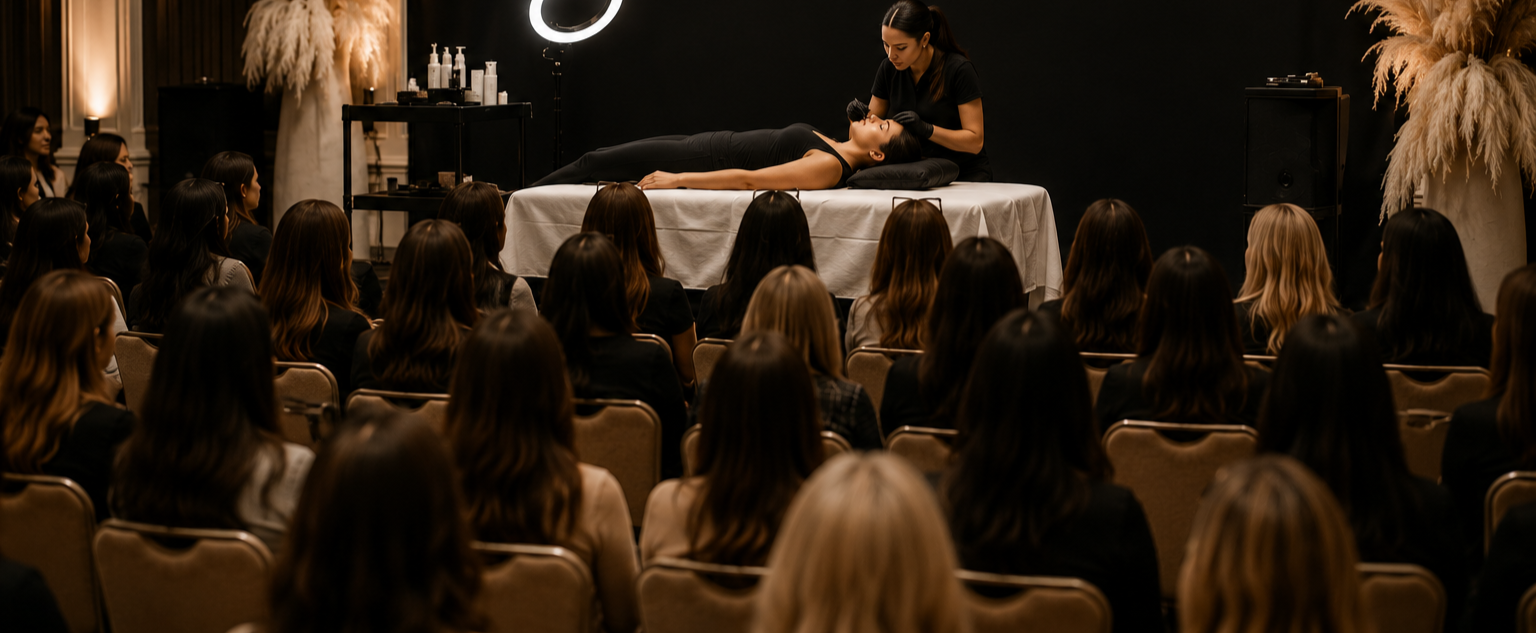 Live Brow staining and brow lamination demonstration by a professional esthetics educator during WAX EDU, a hands-on waxing and esthetics conference for licensed beauty professionals.