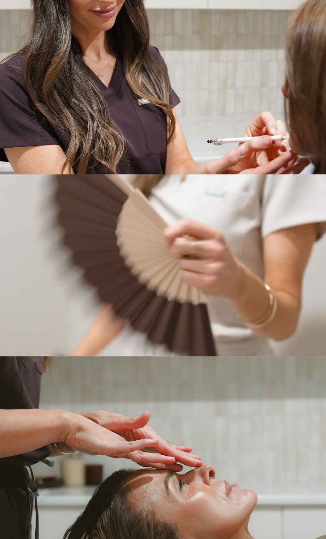 A sequence of three images showing a woman receiving a skincare treatment. In the first image, a woman in a dark uniform gently applies a product to a woman with brown hair. The second image focuses on a hand holding a brown and beige fan-shaped object, possibly a skincare tool or accessory. The third image shows the same woman lying down with closed eyes as the skincare professional performs a facial massage, applying gentle pressure with both hands.