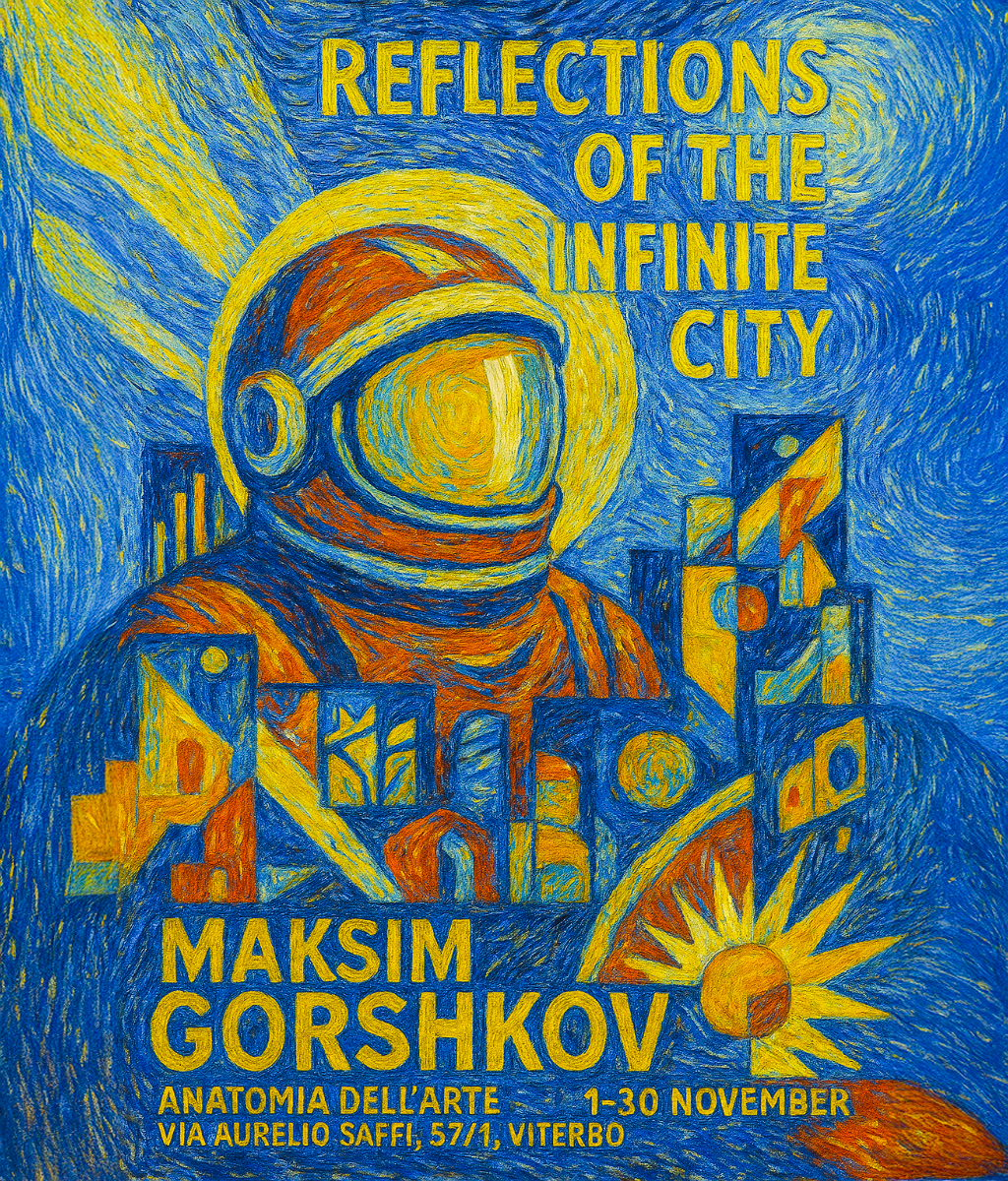 A colorful painting resembling Van Gogh's style, featuring an astronaut in a space helmet with a cityscape and sun in the background. The text reads, "Reflections of the Infinite City" and promotes an art exhibition by Maksim Gorshkov at Via Aurelio Saffi, Viterbo, from November 1-30.