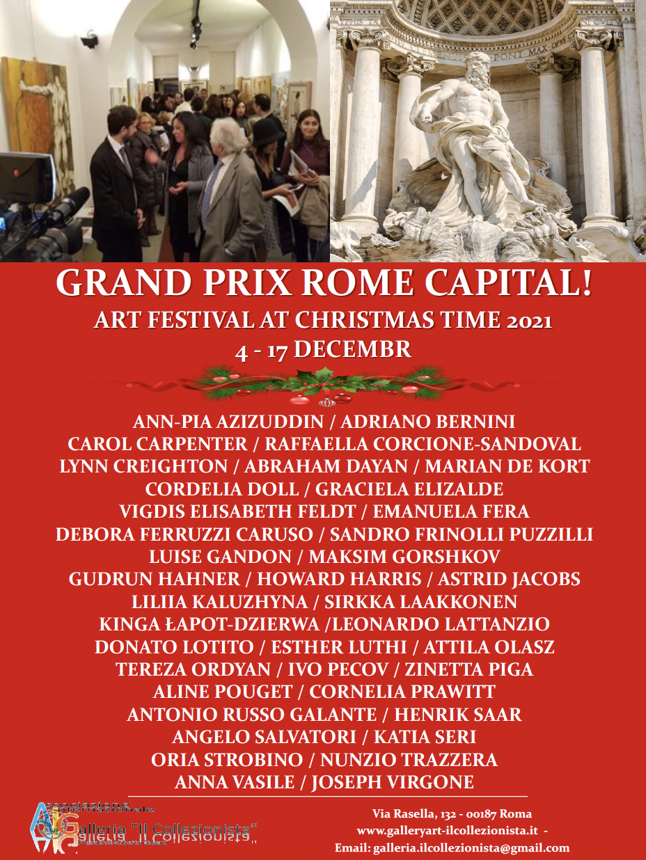 A promotional poster for the Grand Prix Rome Capital art festival at Christmas time in 2021, held from December 4 to 17. The poster features a photo of an art gallery with visitors and artworks, a photo of a classical sculpture, and a red background with white text listing participating artists and event details.