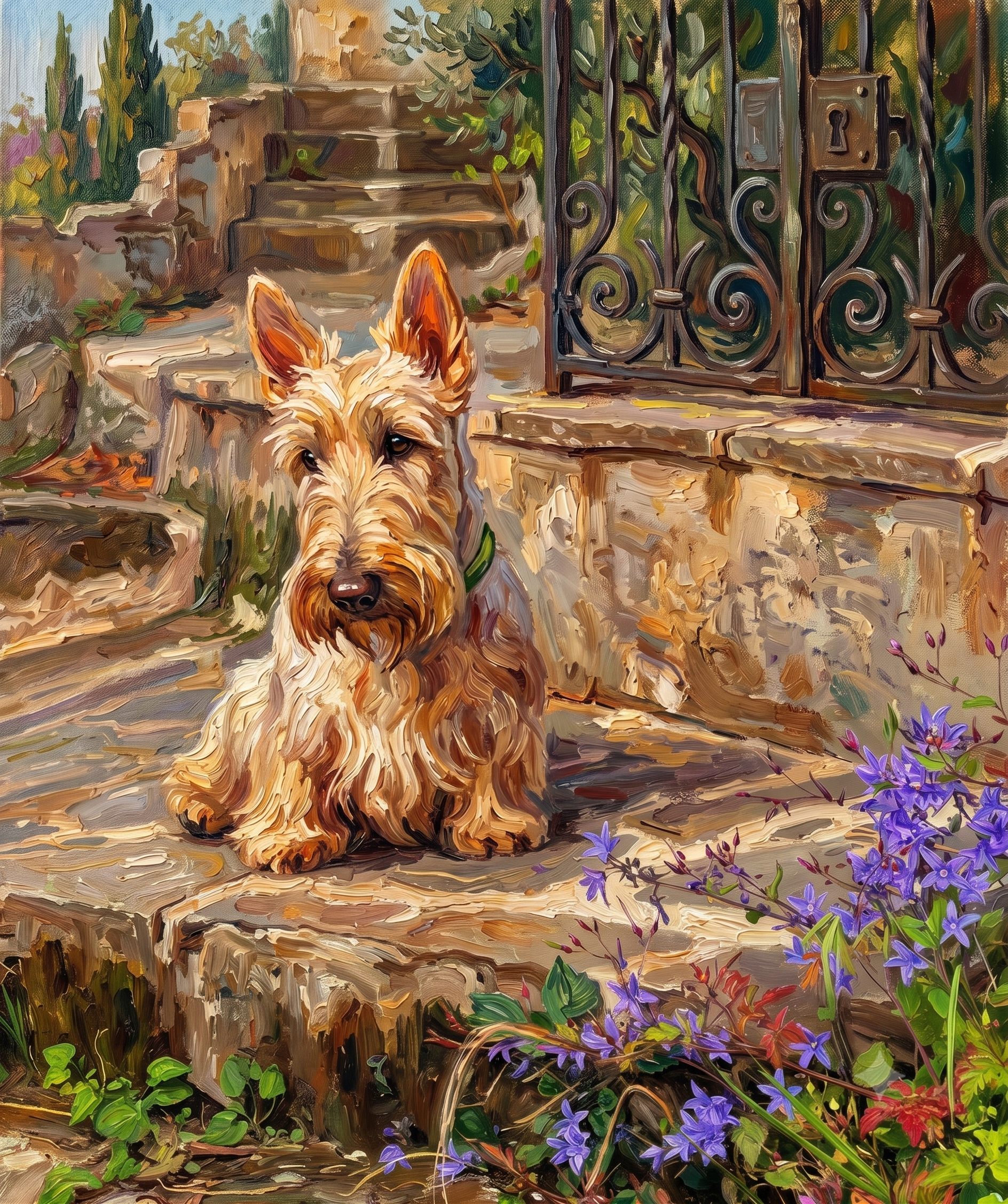 A painting of a small dog with tan and white fur, standing outdoors near a fountain and lush colorful flowers, with a wrought iron gate in the background.