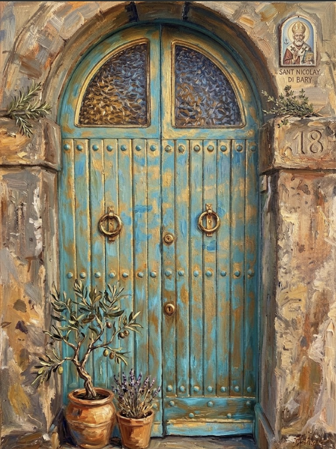 Painting of an old turquoise wooden door with arched windows at the top, surrounded by stone walls. There are two potted plants, an olive tree and lavender, at the bottom left. A small religious icon and plaque are mounted on the wall to the top right, with the name 'Sant Nicolay Di Bary' and the number 18 etched into the stone.
