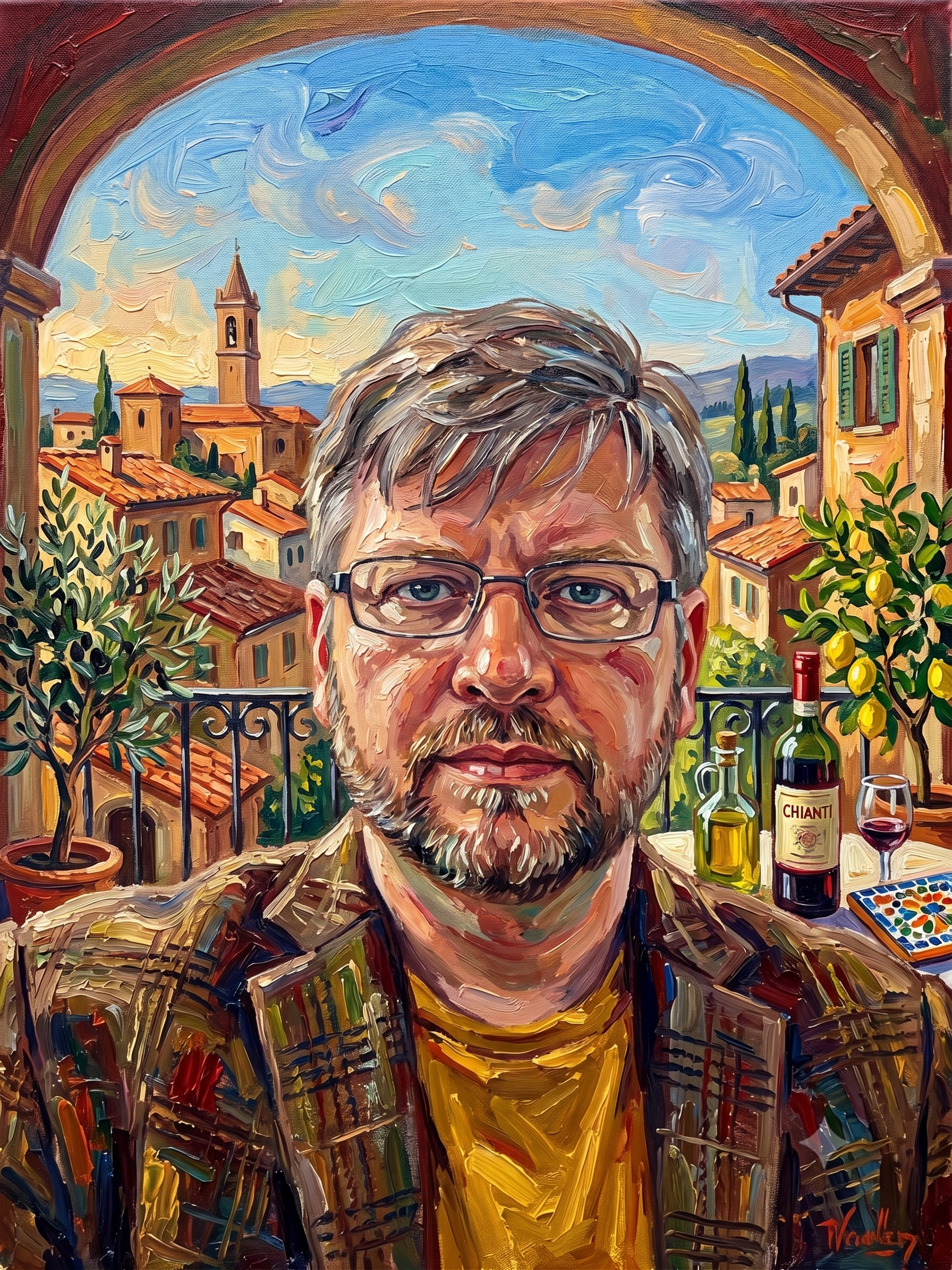 Painting of a man with glasses and a beard, with a background of Italian village rooftops, cypress trees, a church tower, and a sky with swirling clouds and a rainbow.
