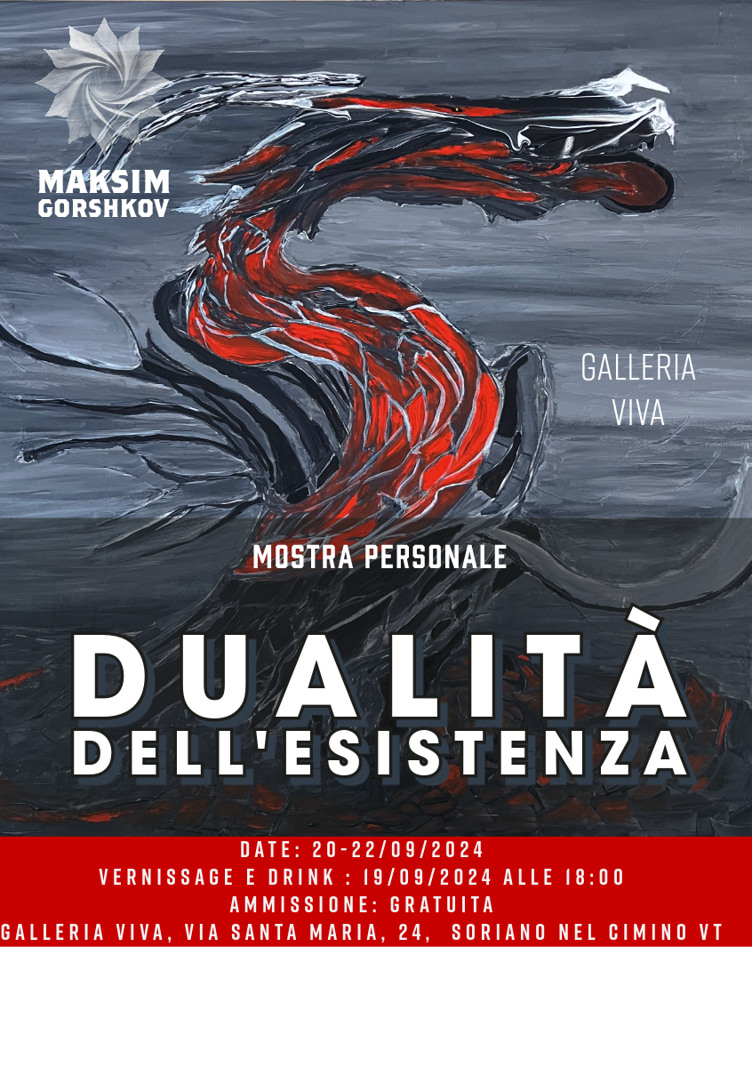 Poster for an art exhibition titled "Qualità dell'Esistenza" at Galleria Viva, featuring Maxim Gorshkov. The poster has an abstract painting with black, red, and gray swirling patterns. The exhibition runs from September 20 to 22, 2024, with the opening on September 19 at 6:00 PM. Admission is free. The gallery is located at Via Santa Maria, 24, Soriano nel Cimino VT.