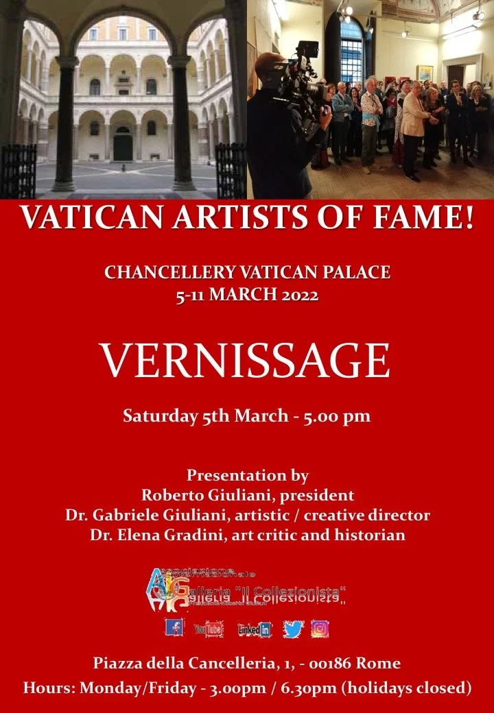 Poster advertising an art event at the Vatican Palace from March 5 to 11, 2022, featuring a vernissage on March 5 at 5:00 pm, with a presentation by Roberto Giuliani, Dr. Gabriele Giuliani, and Dr. Elena Gradini, at Piazza della Cancelleria in Rome, with social media icons at the bottom.