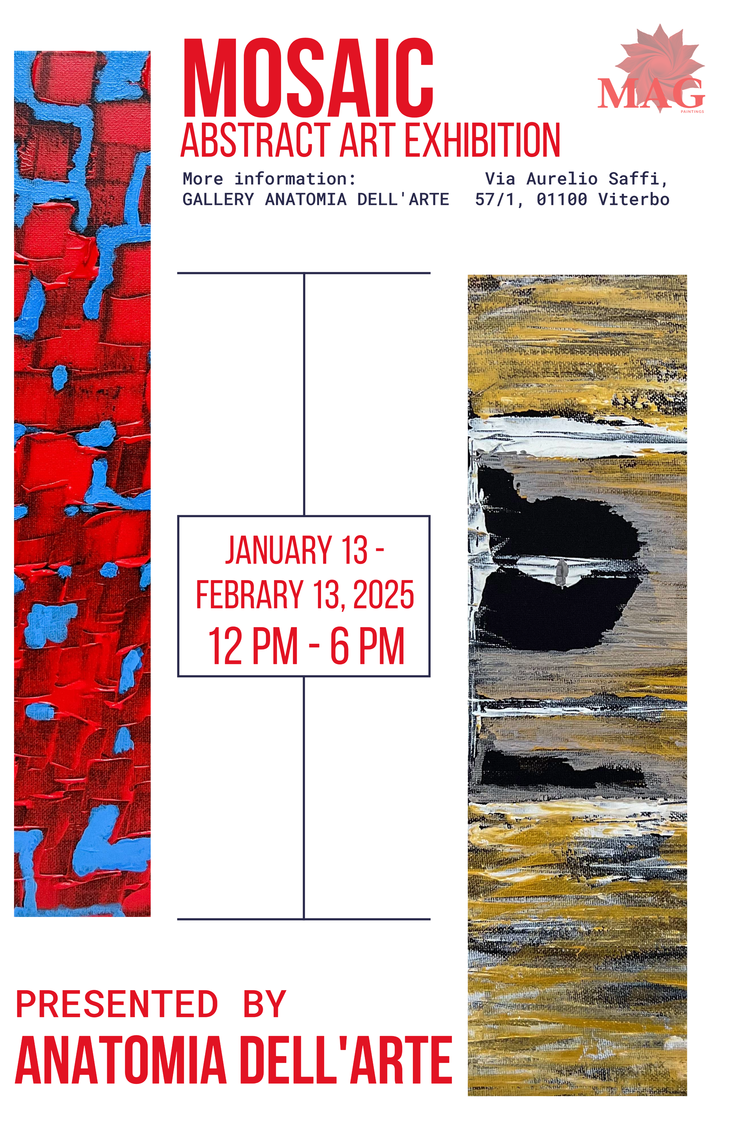 Poster advertising the Mosaic Abstract Art Exhibition, featuring two abstract paintings with textured, colorful designs, and details about the event dates, time, and location in Viterbo, Italy.