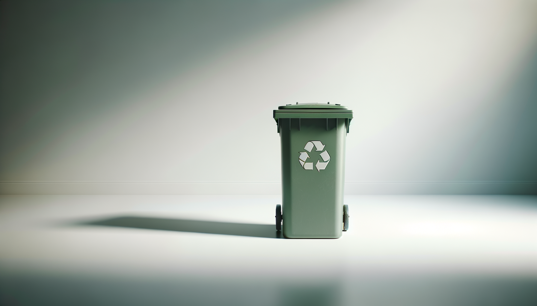 Green recycling bin with a white recycling symbol on the front, placed against a plain, light-colored background.