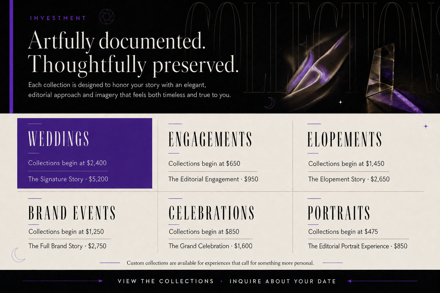 A webpage for a collection of art pieces, including categories such as Weddings, Engagements, Elopements, Brand Events, Celebrations, and Portraits, with pricing details and descriptions.
