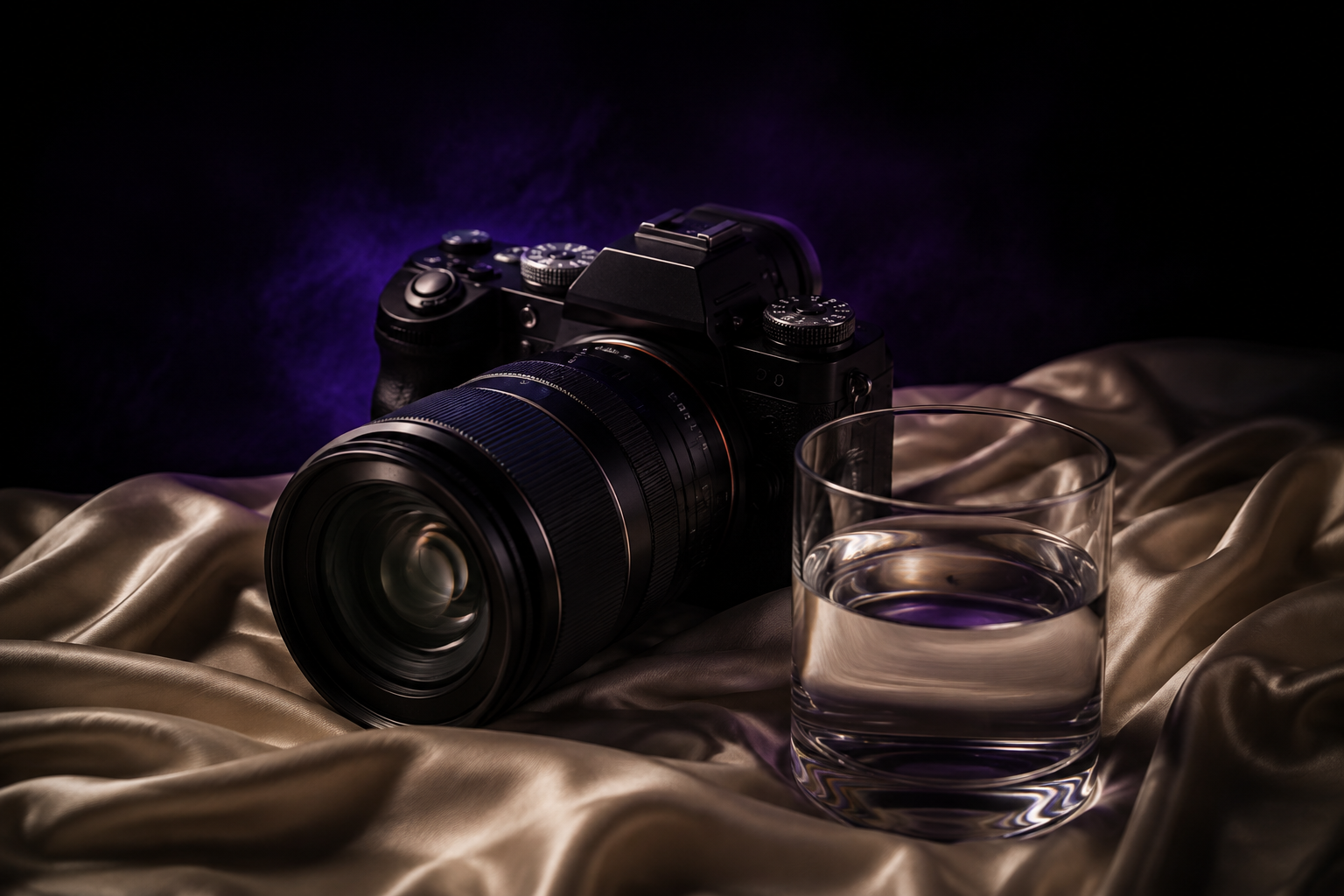 A professional camera with a large zoom lens, a glass of water, and silk fabric on a dark background with purple lighting.