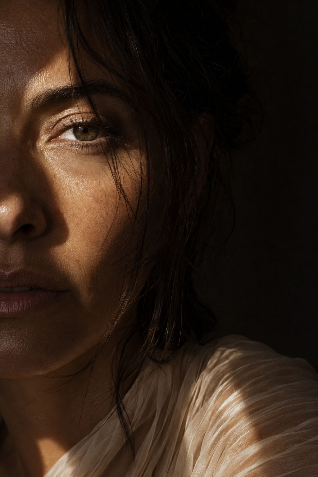 Close-up of a woman's face, showing half of her face with light highlighting her eye, cheek, and part of her lips, dark background, and she is wearing a light-colored, textured garment.