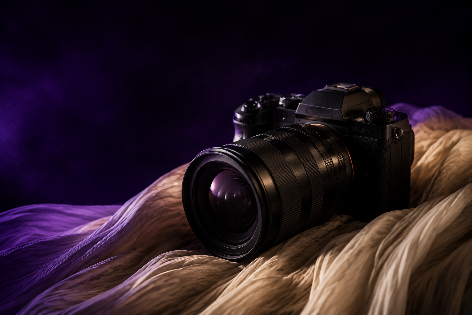 A black digital camera with a large zoom lens resting on a textured beige fabric surface, against a dark background with purple lighting.