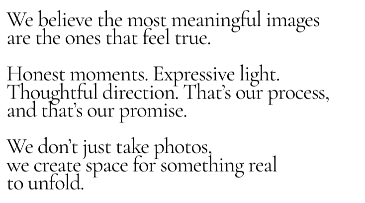 A page with a quote about truth and meaningful images, emphasizing expressive light, truthful direction, and creating space for genuine stories.