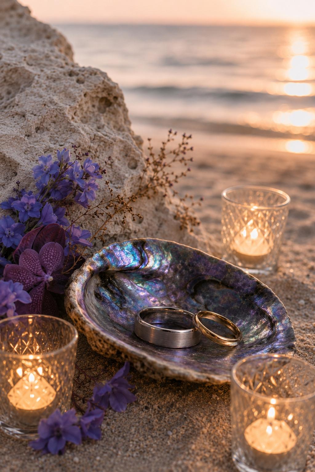 Wedding rings on a shell at sunset by the beach, surrounded by candles and purple flowers.
