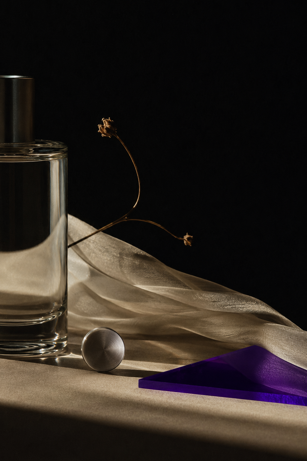A close-up of artistic objects including a clear glass container, a dried flower with a long stem, a metallic sphere, a purple triangular item on a beige cloth against a dark background.