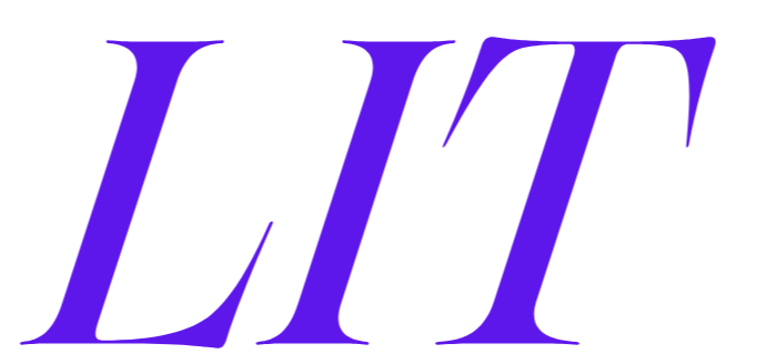 Text that reads 'LIT' in bold purple letters on a black background.