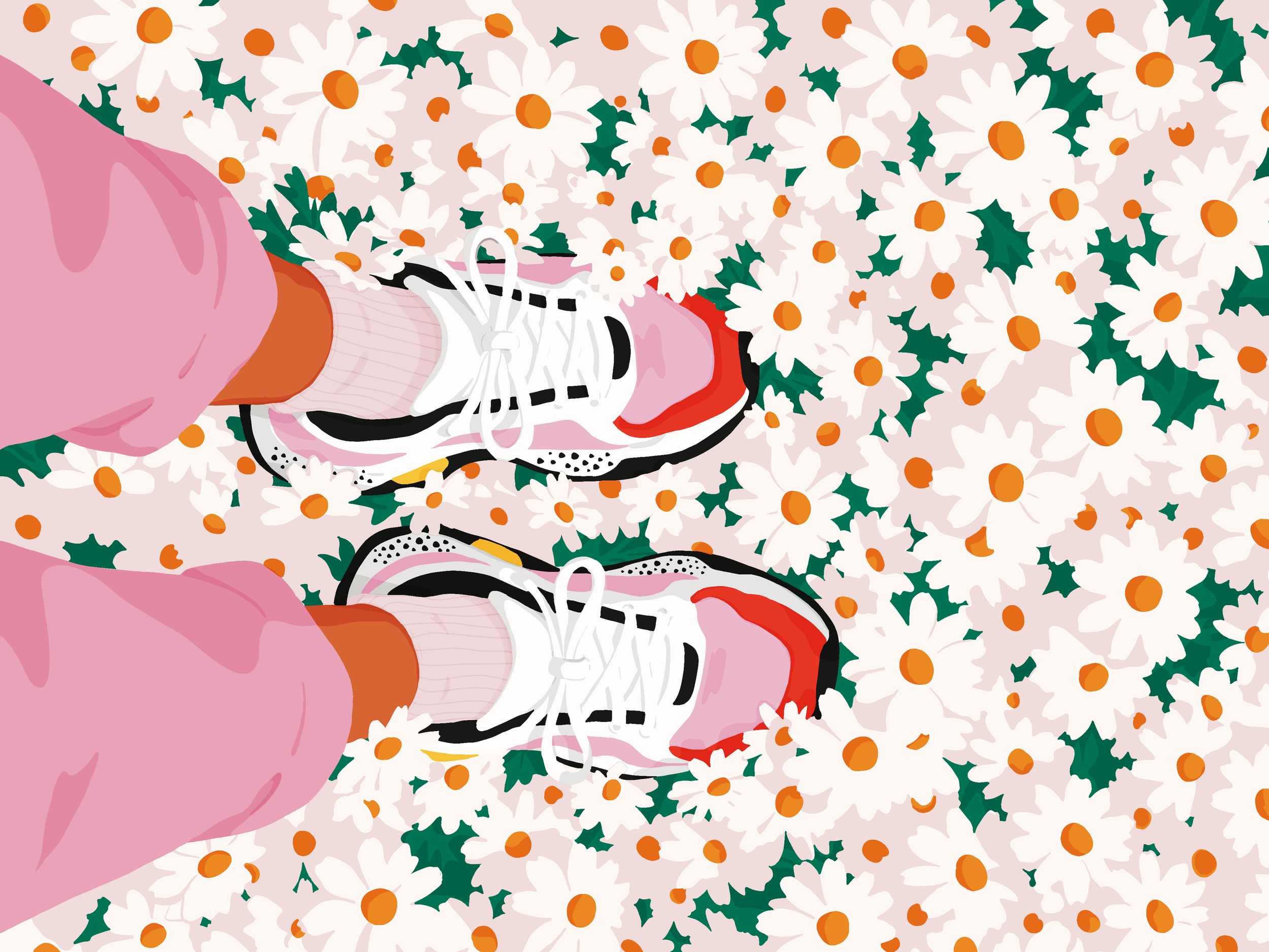 Person wearing pink shorts, white and black sneakers walking on a surface covered with white daisy flowers.