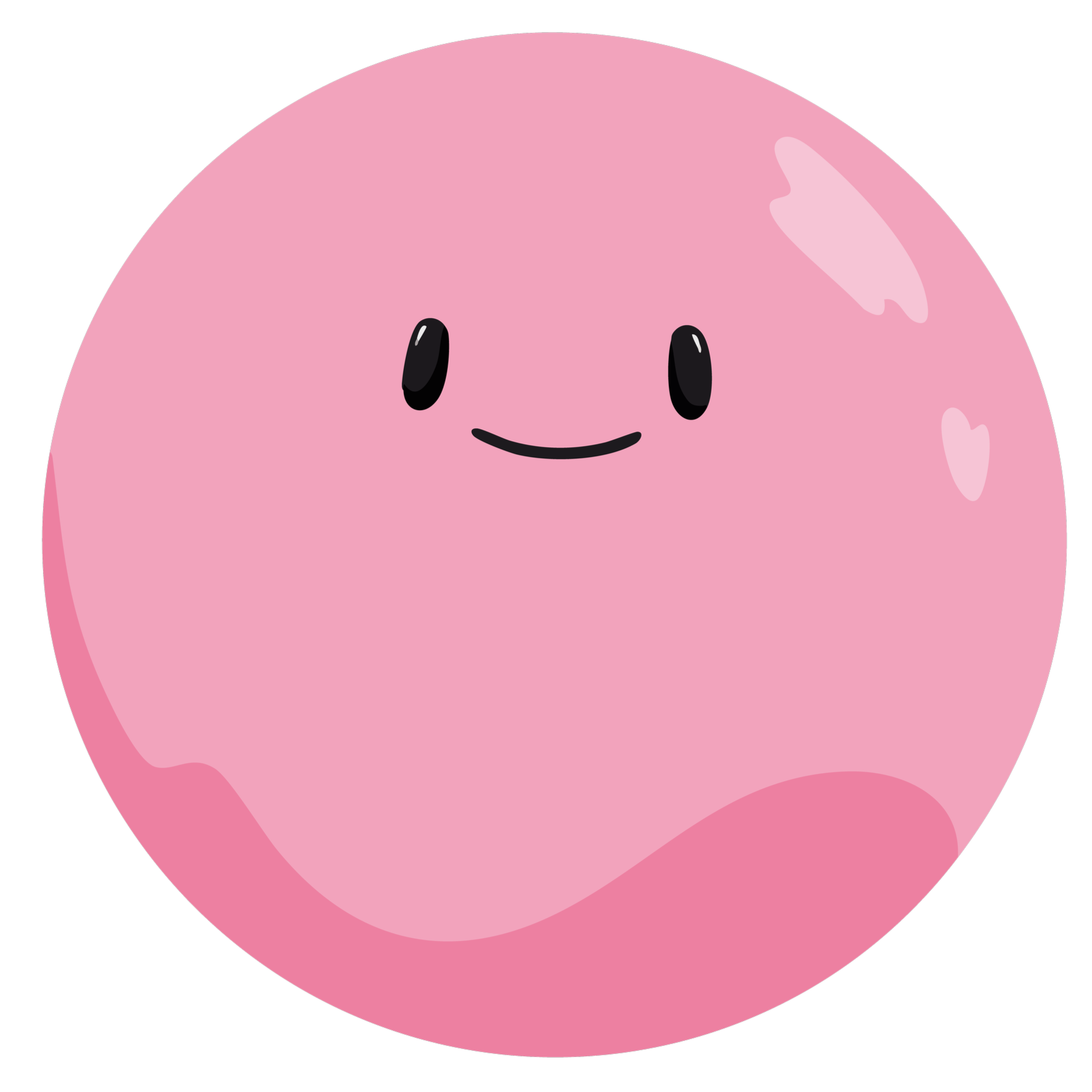 Close-up of a pink, smiling, round cartoon character with shiny highlights on its head, black oval eyes, and a simple curved mouth, set against a black background.