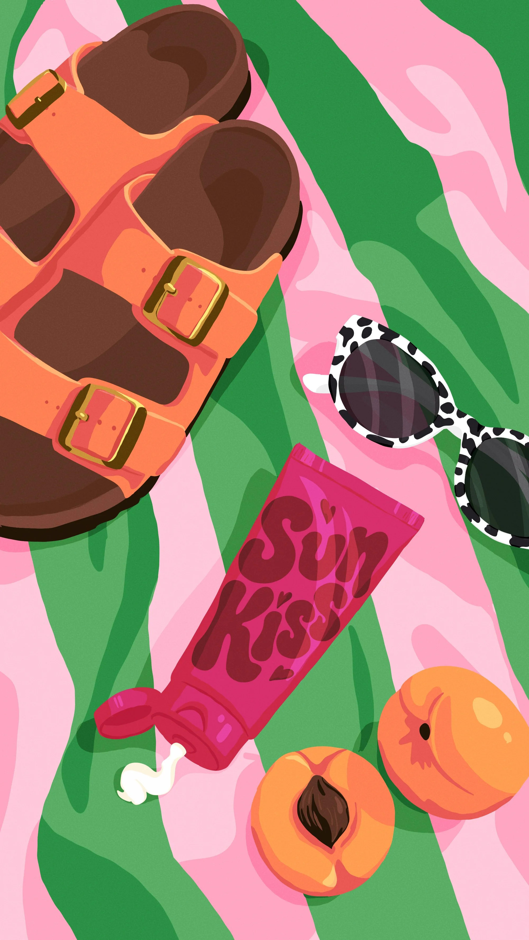 A colorful illustration of a summer picnic scene featuring a pair of sandals, sunglasses, peaches, and a tube of sunscreen on a pink and green leaf patterned blanket.